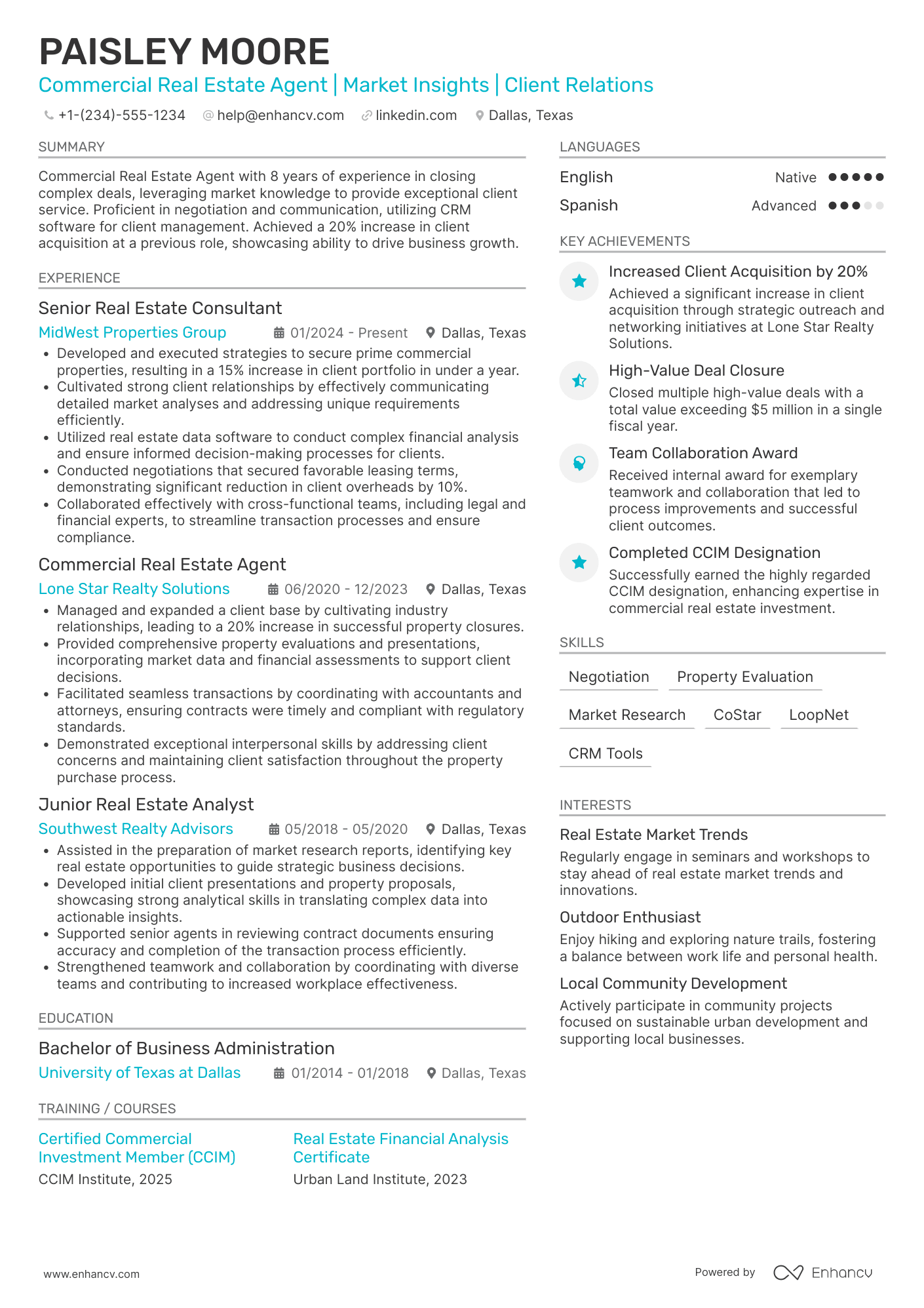 A resume example of a Commercial Real Estate Agent