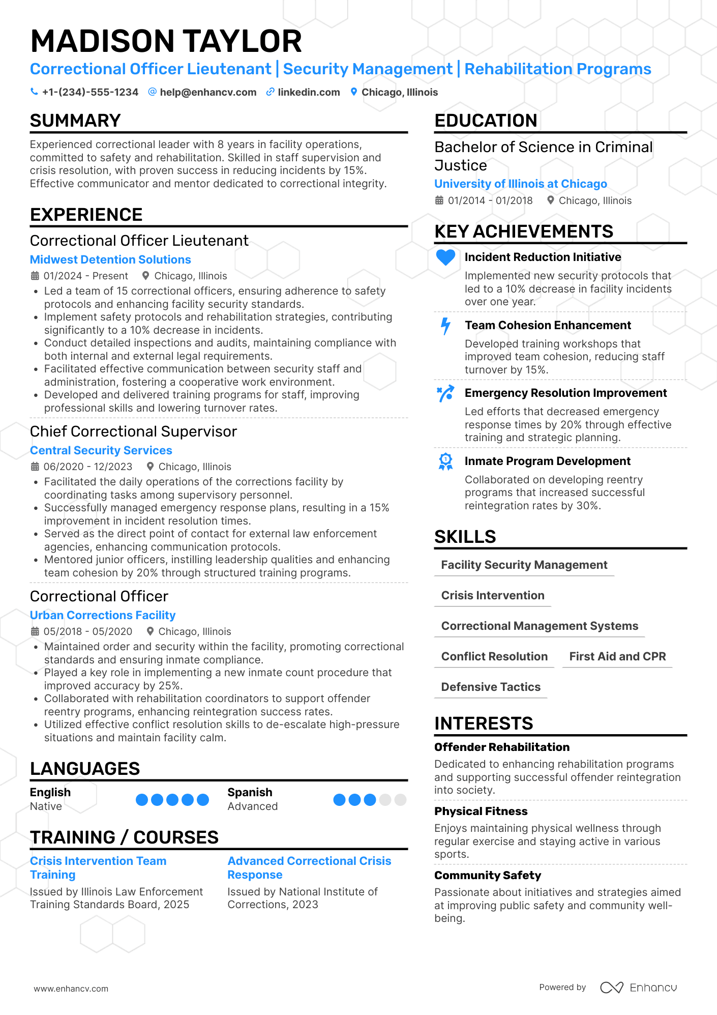 A resume example of a Correctional Officer Lieutenant