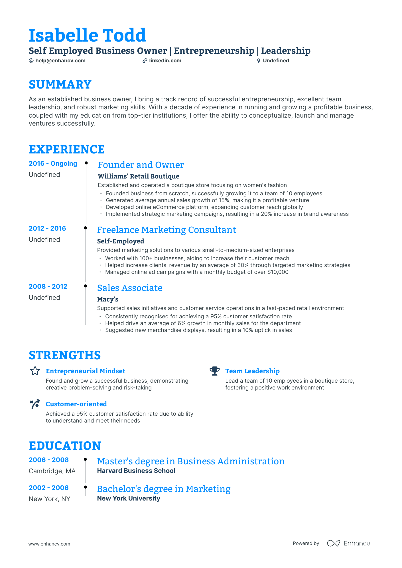 undefined Self Employed Business Owner Resume Template