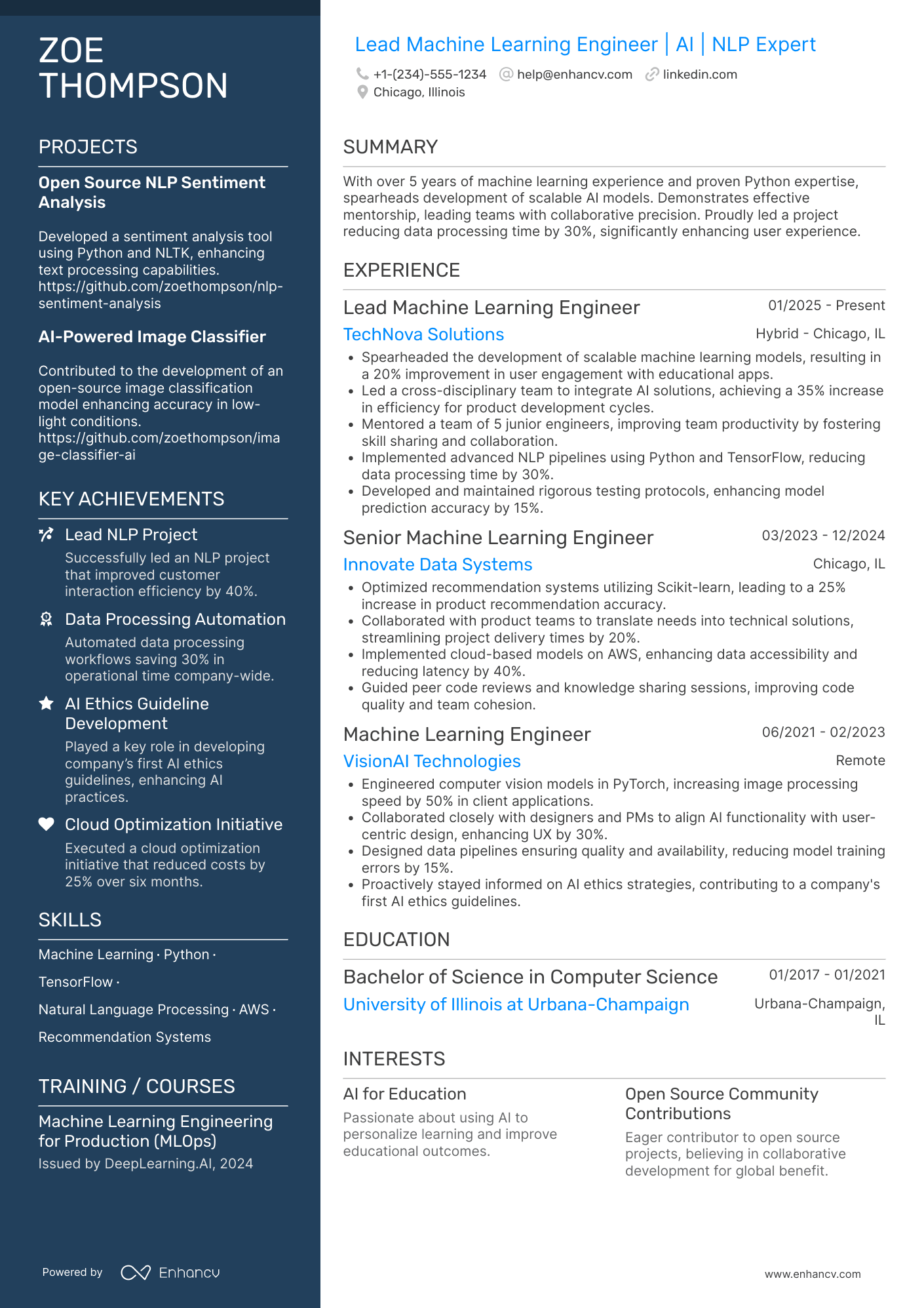 A resume example of a Lead Machine Learning Engineer