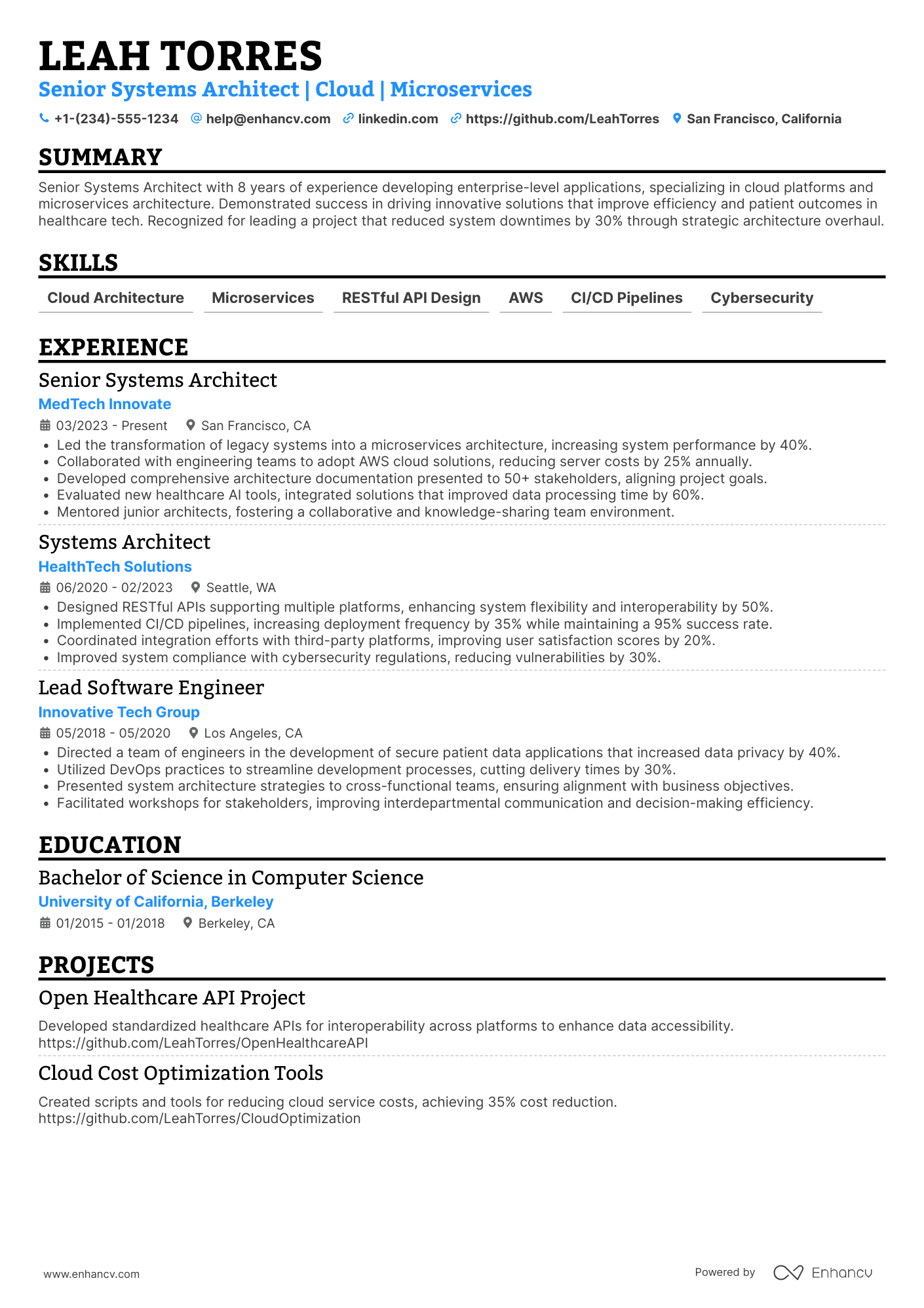 A resume example of a Senior Systems Architect