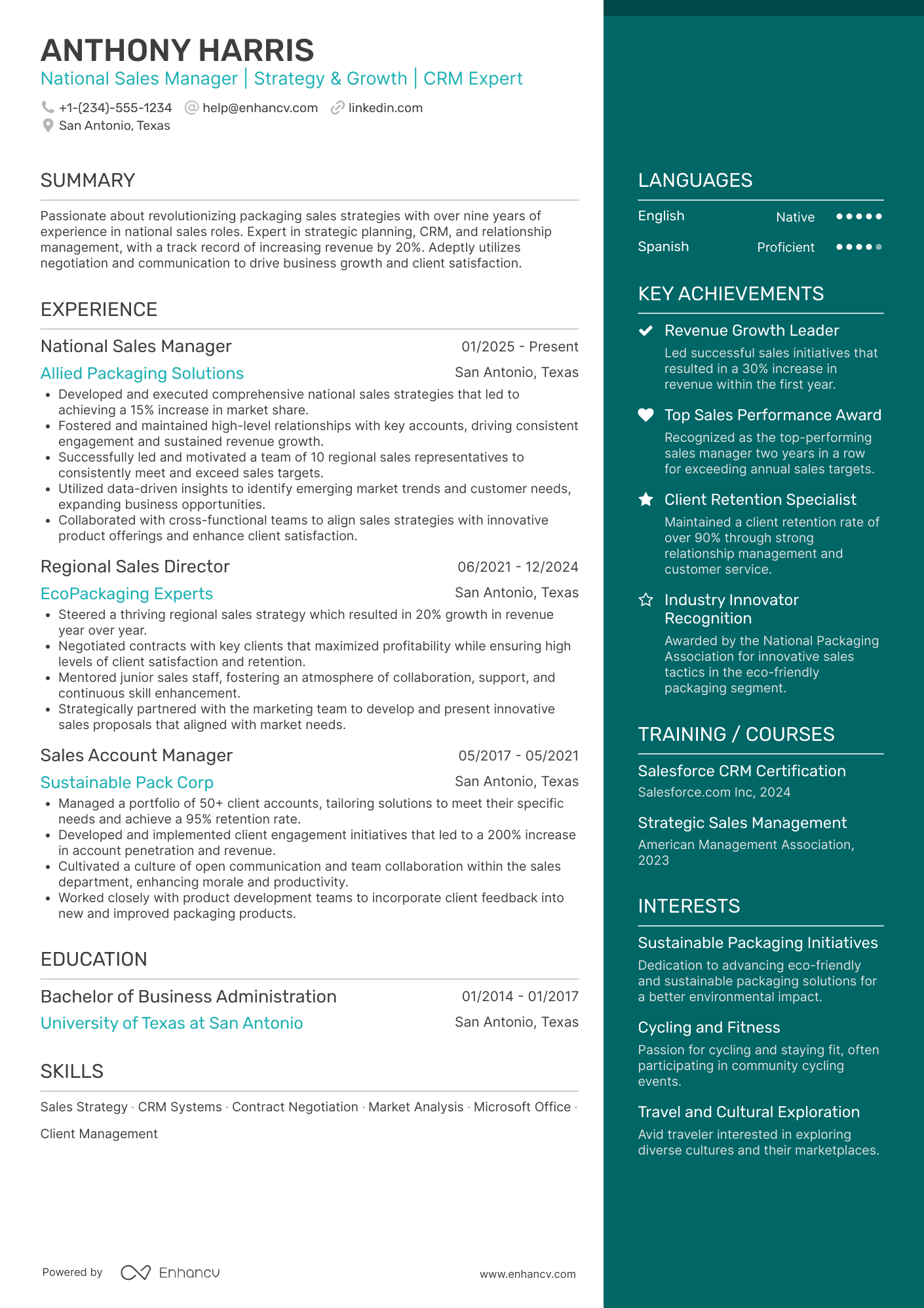 A resume example of a National Sales Professional