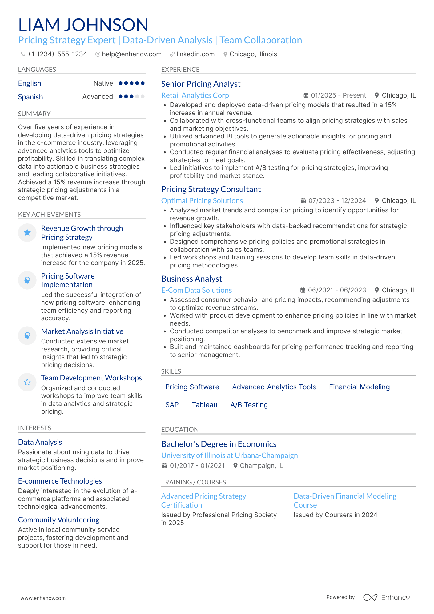 A resume example of a Pricing Strategy Manager