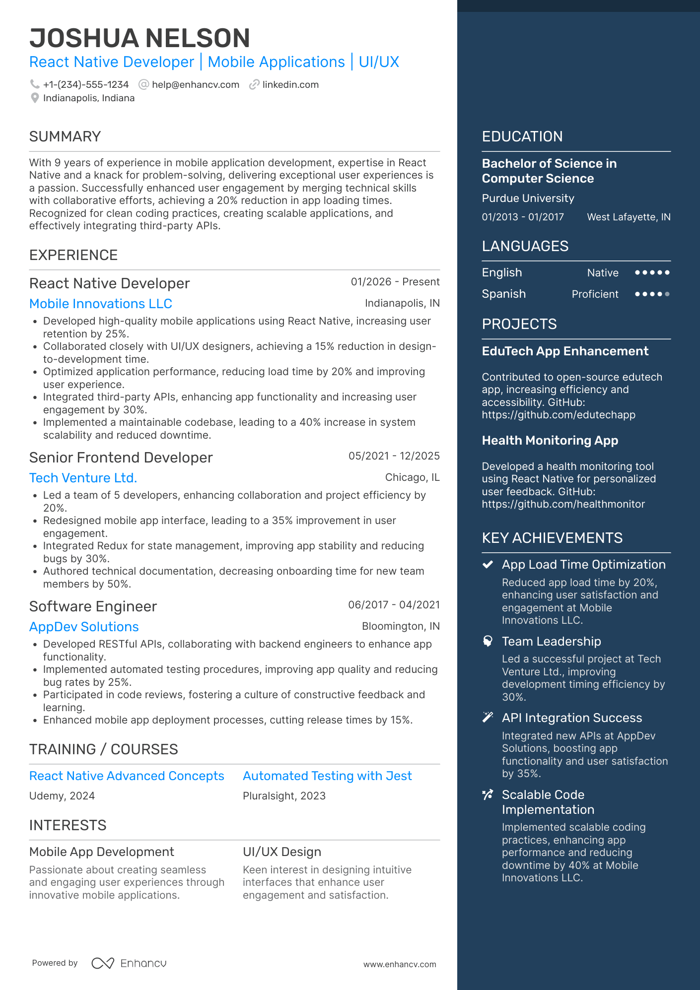 A resume example of a React Native Developer