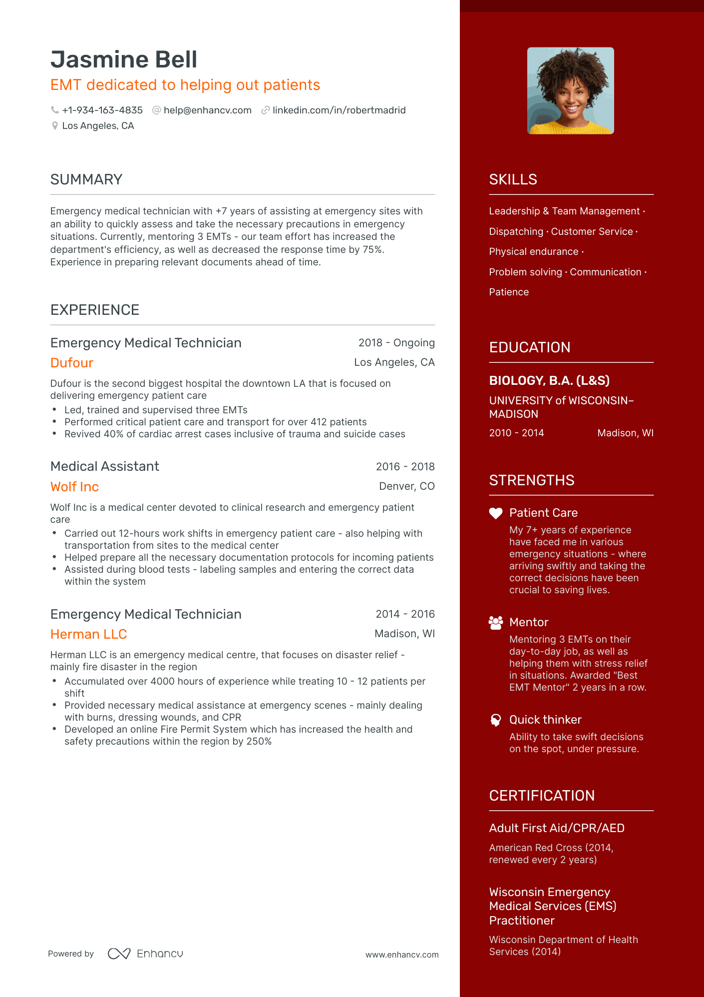 One Page EMT Resume Template