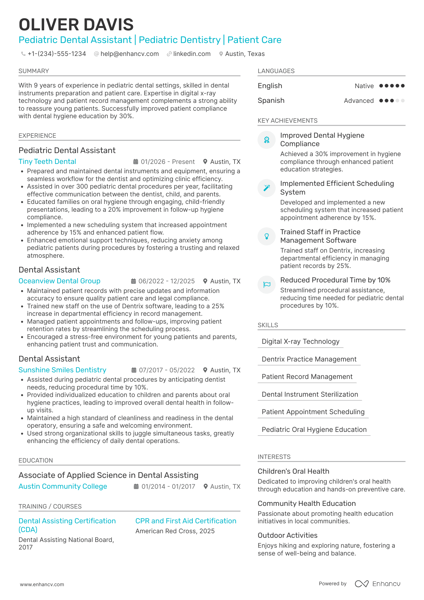 A resume example of a Pediatric Dental Assistant