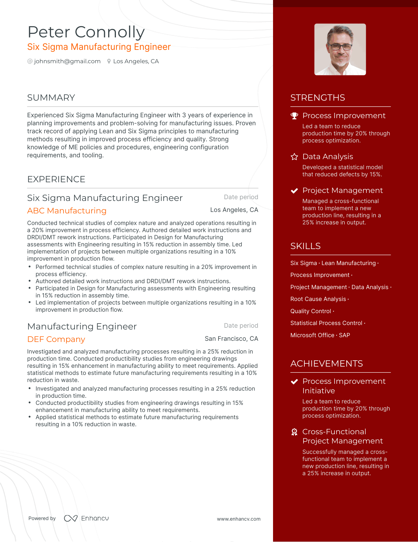One Page Six Sigma Resume Template