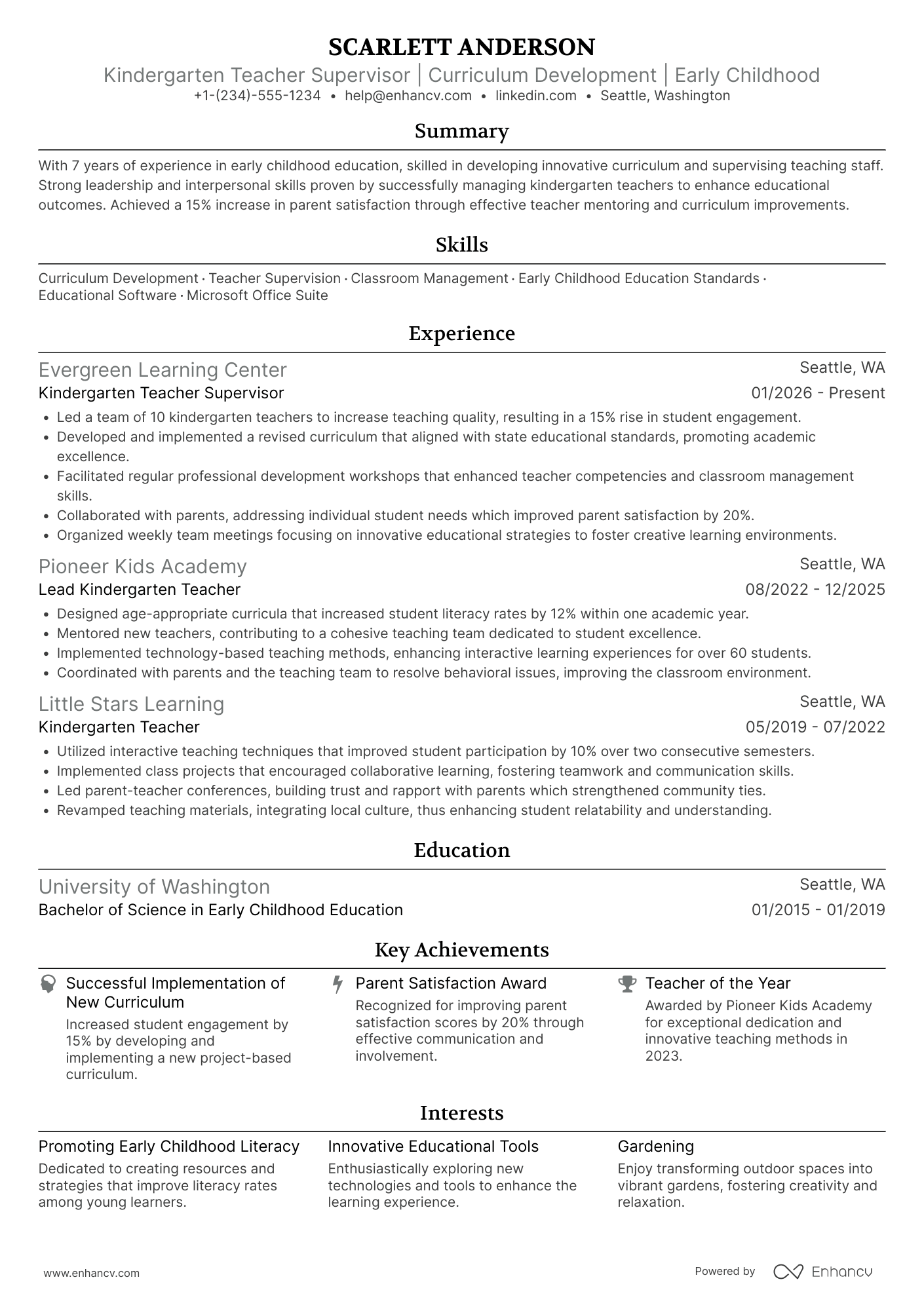 A resume example of a Kindergarten Teacher Supervisor