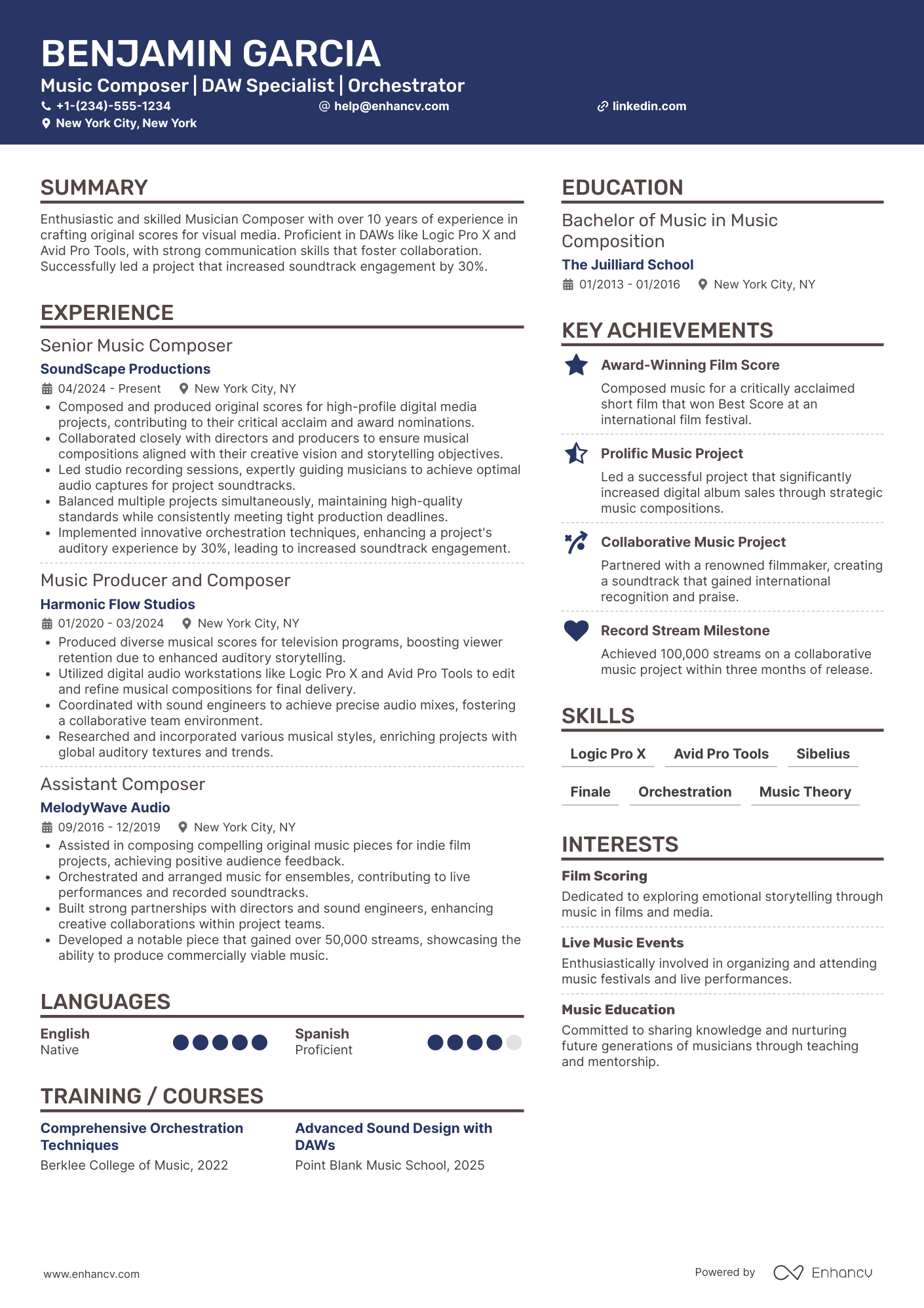 A resume example of a Musician Composer