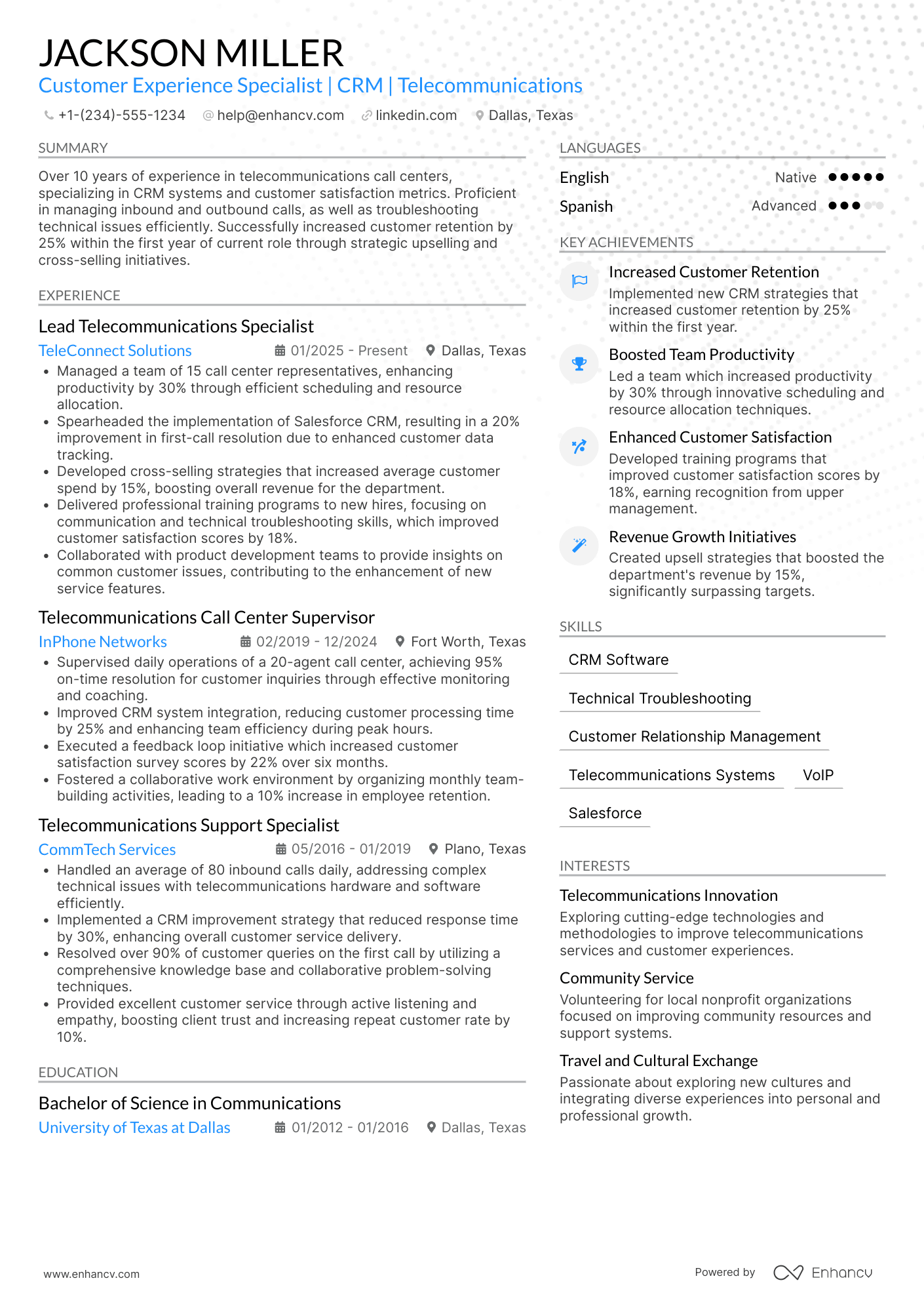 A resume example of a Telecommunications Call Center Representative