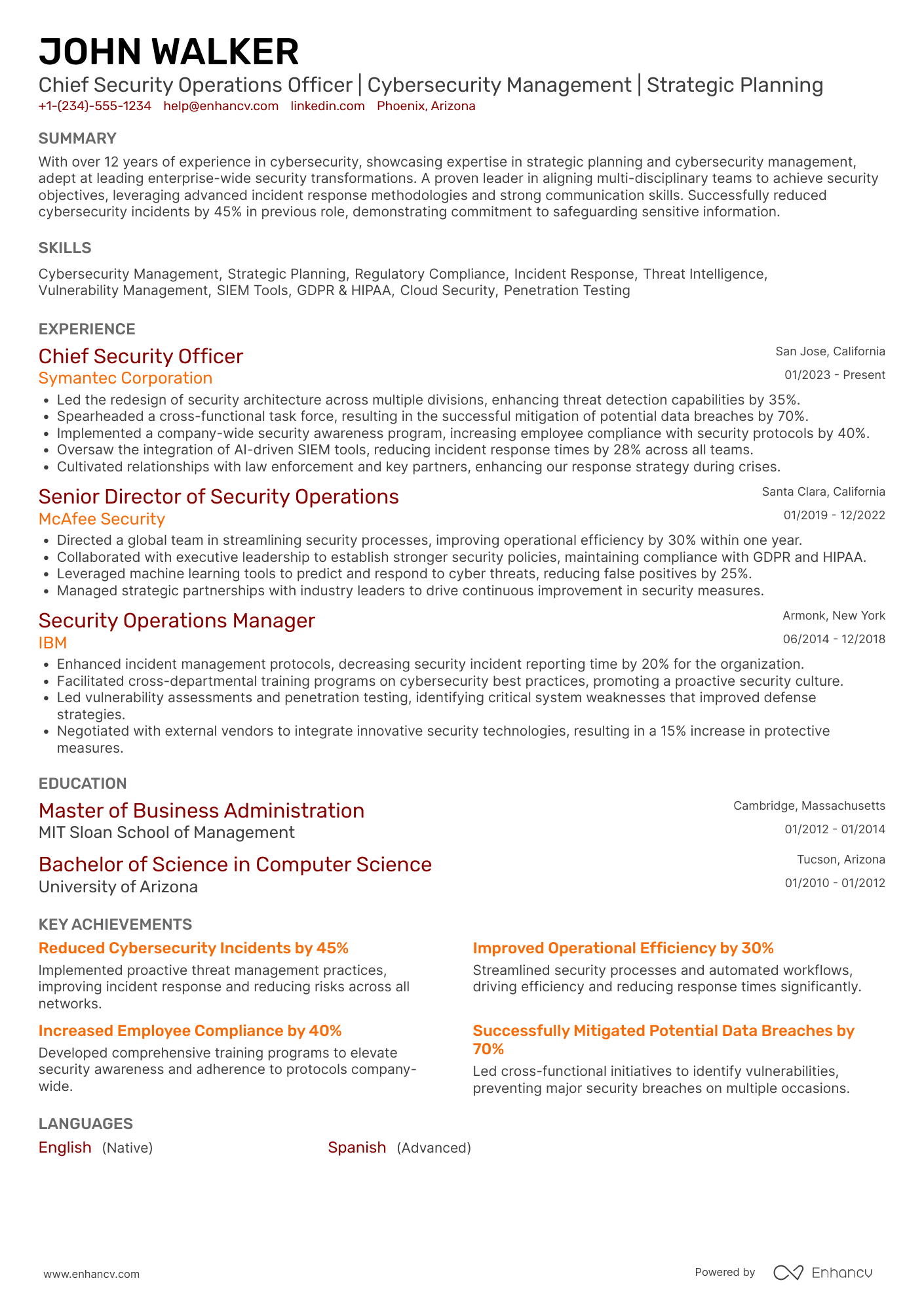 A resume example of a Chief Security Operations Officer