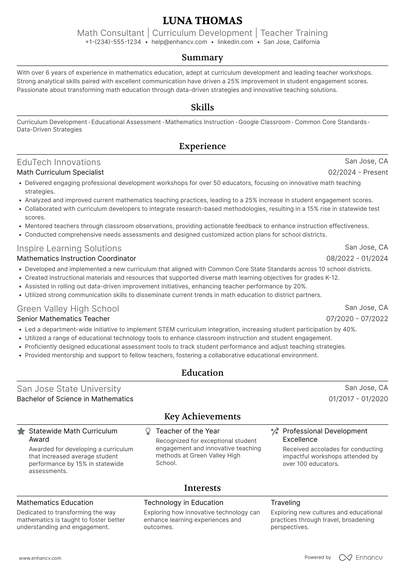 A resume example of a Math Teacher Consultant