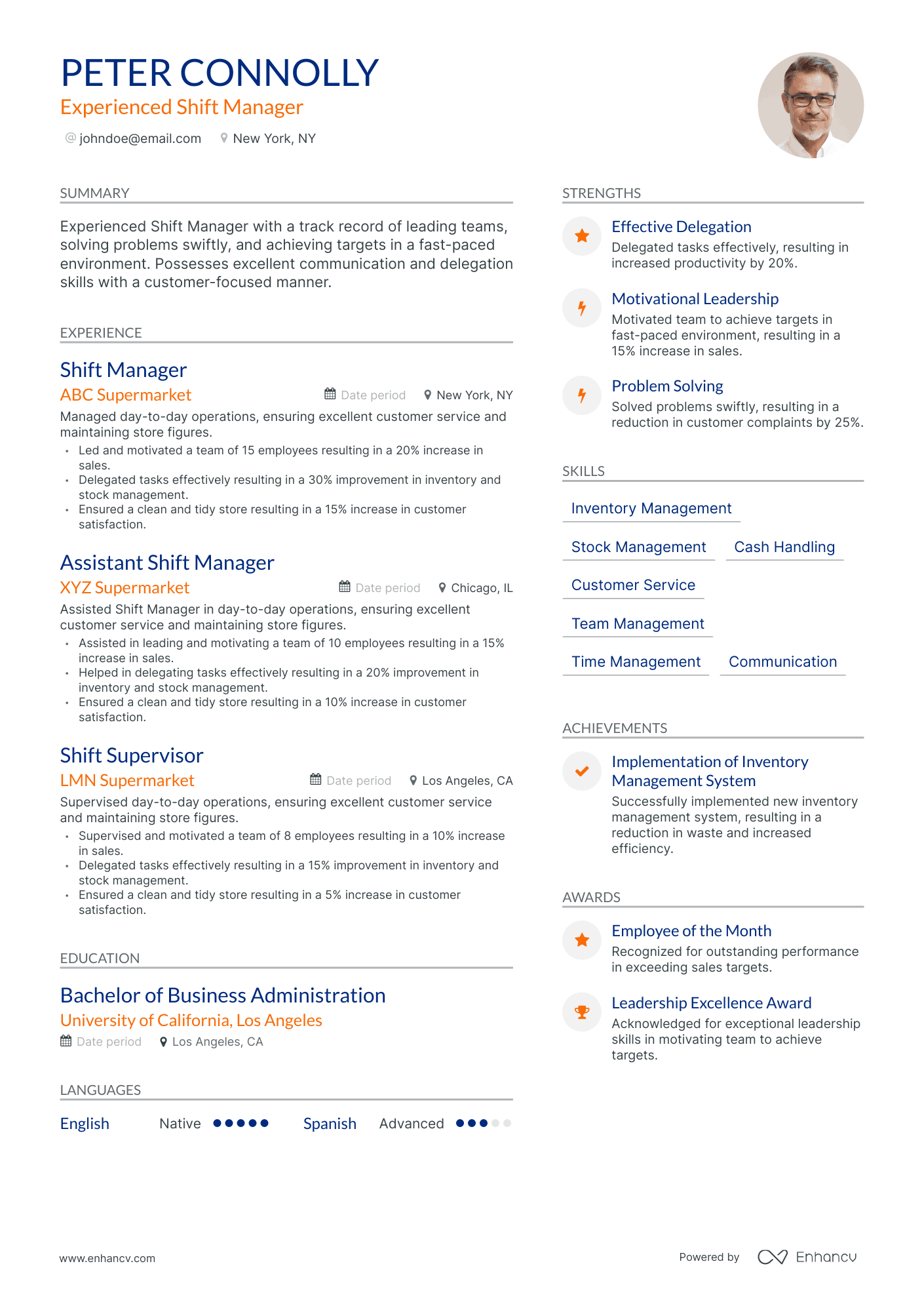 Modern Shift Manager Resume Template