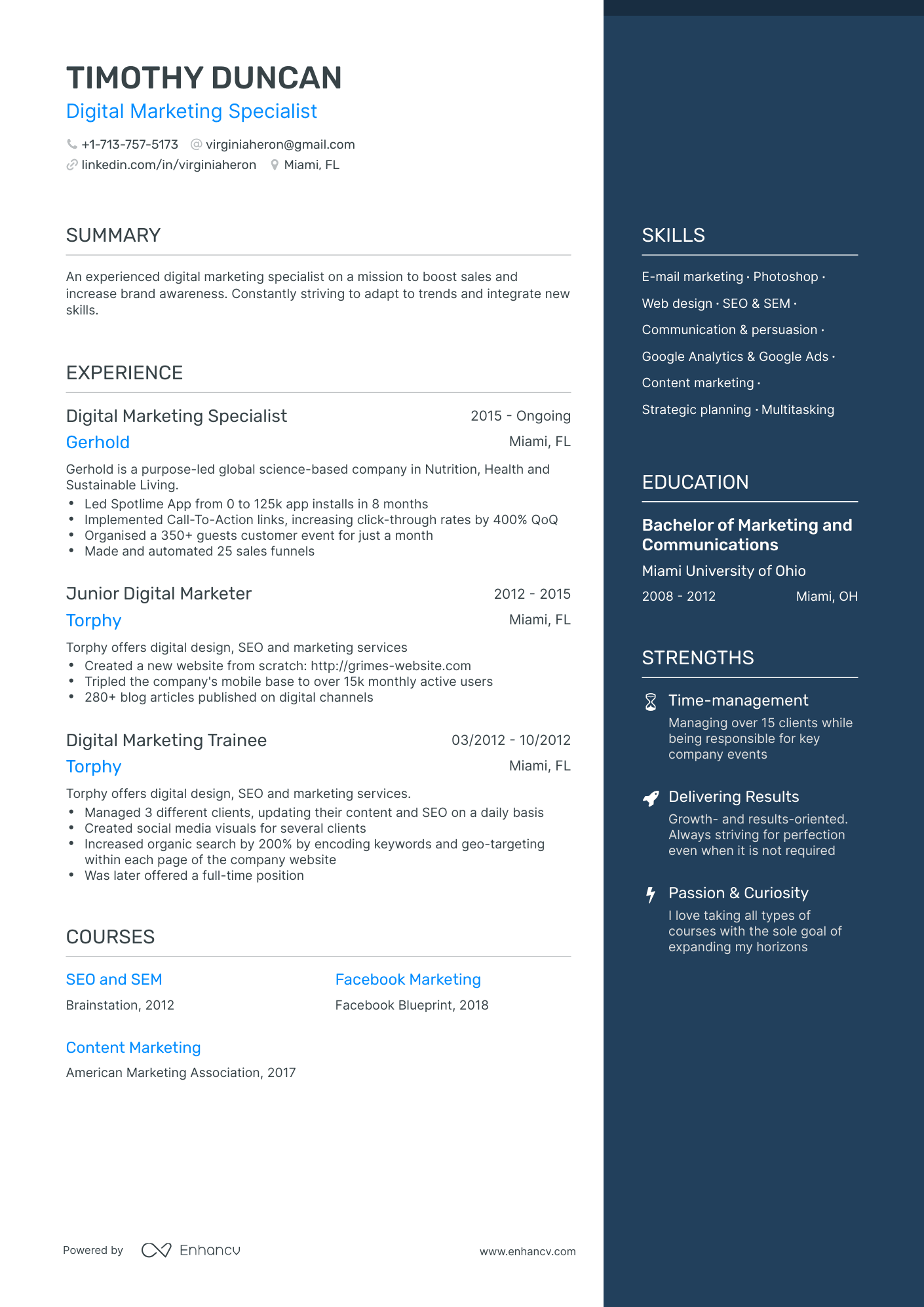 One Page Digital Marketing Specialist Resume Template