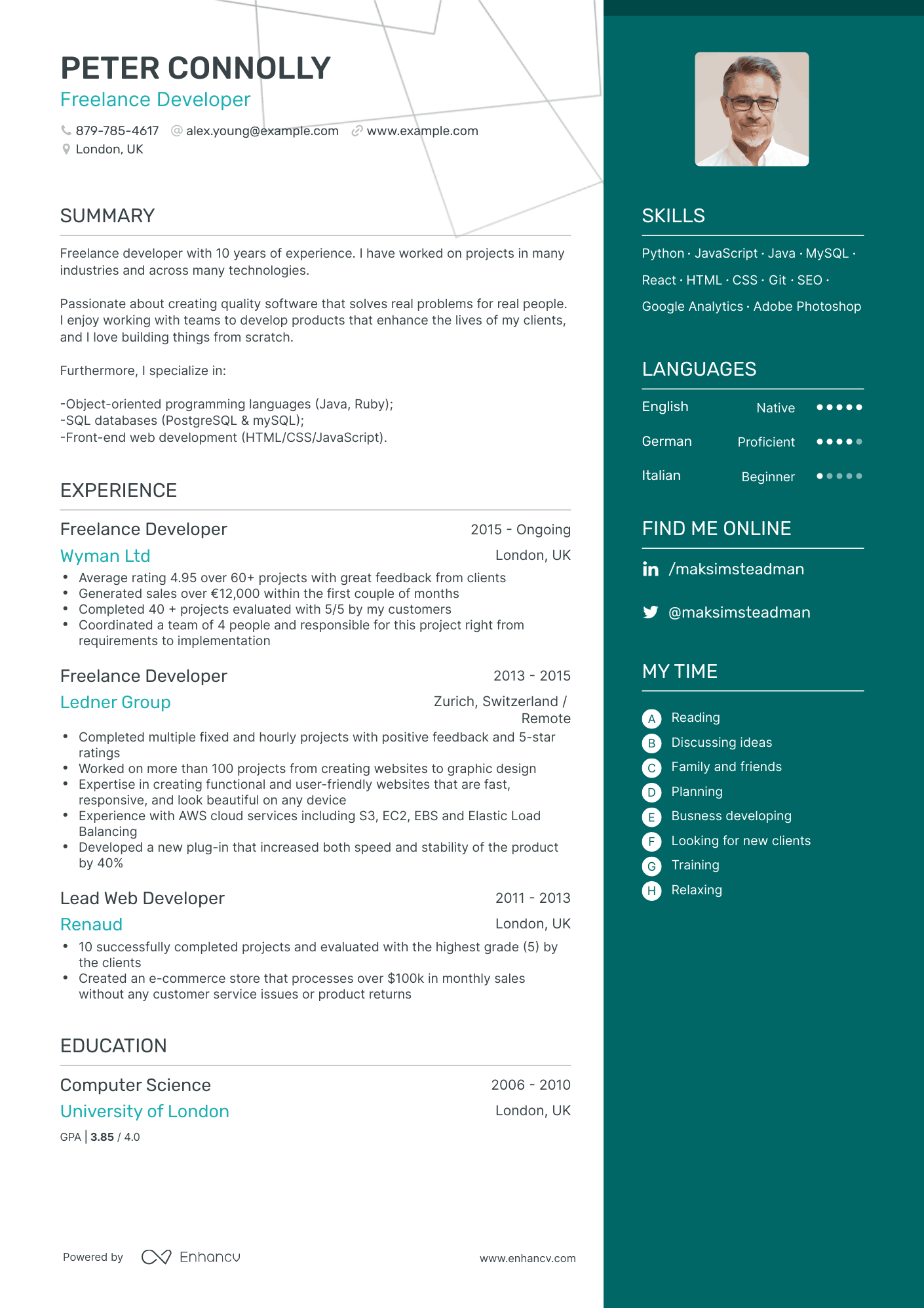 One Page Freelancer Resume Template