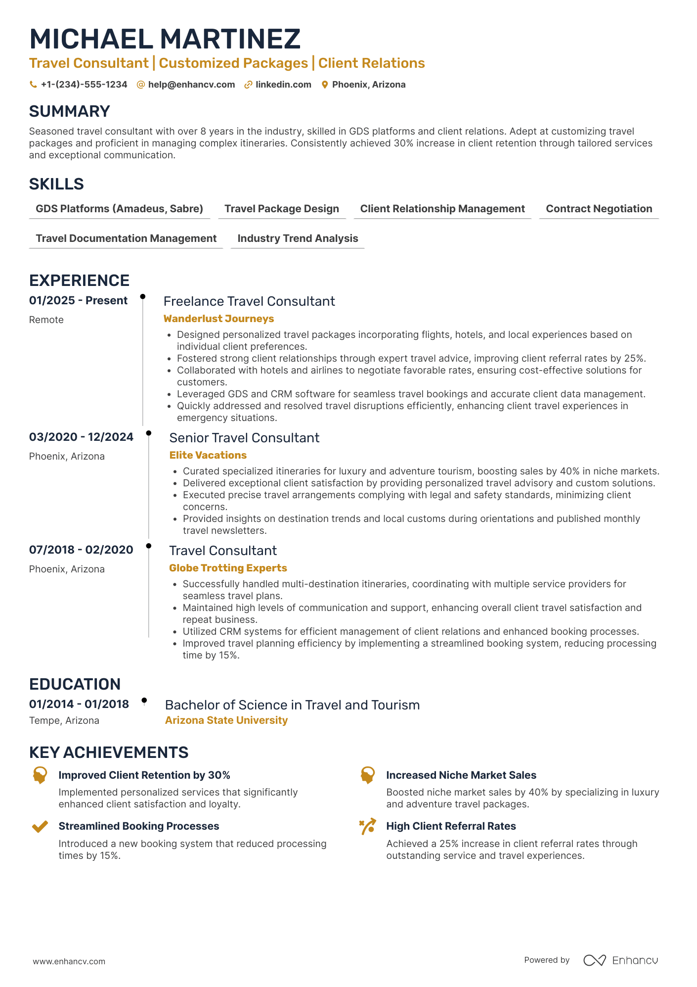 A resume example of a Freelance Travel Consultant