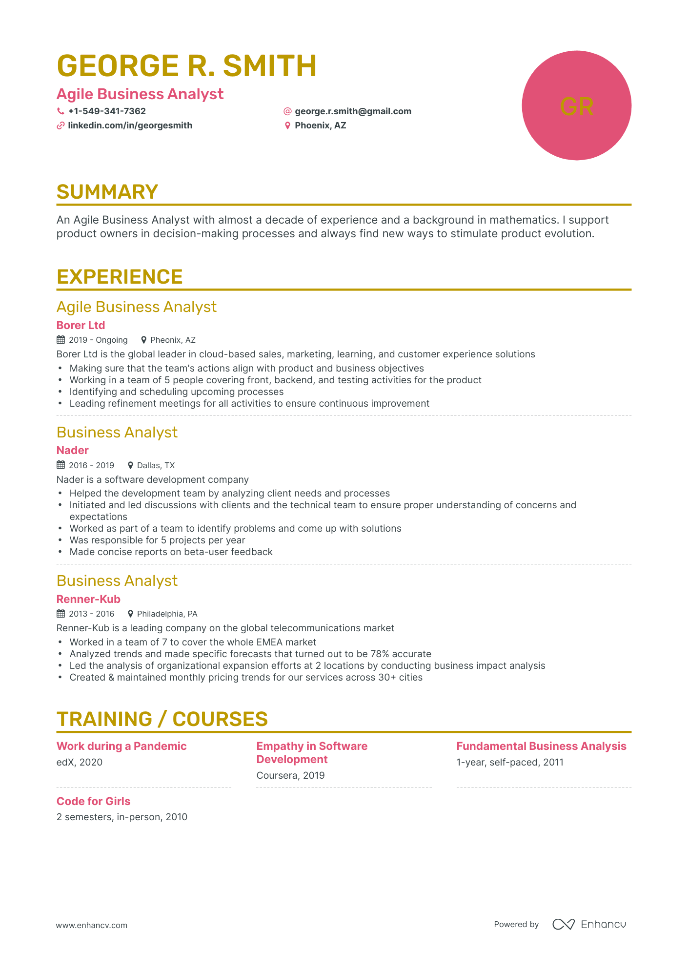 Classic Agile Business Analyst Resume Template