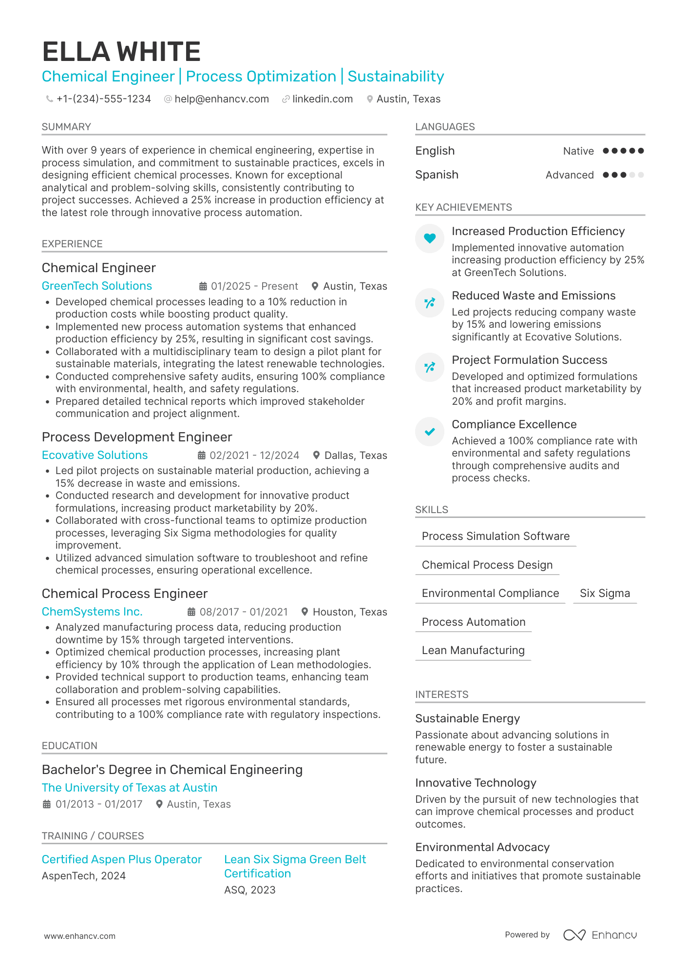 A resume example of a Chemical Engineer