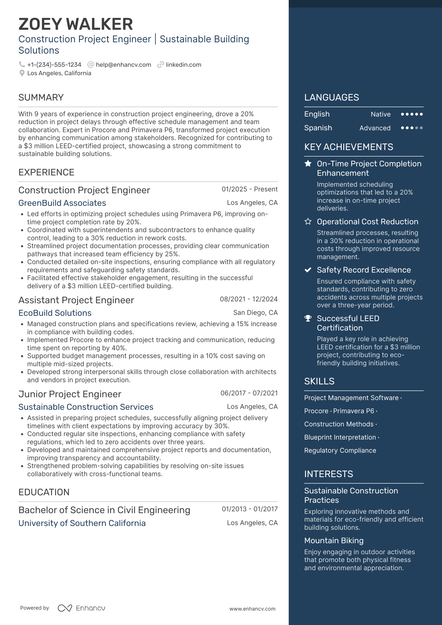 A resume example of a Construction Project Engineer