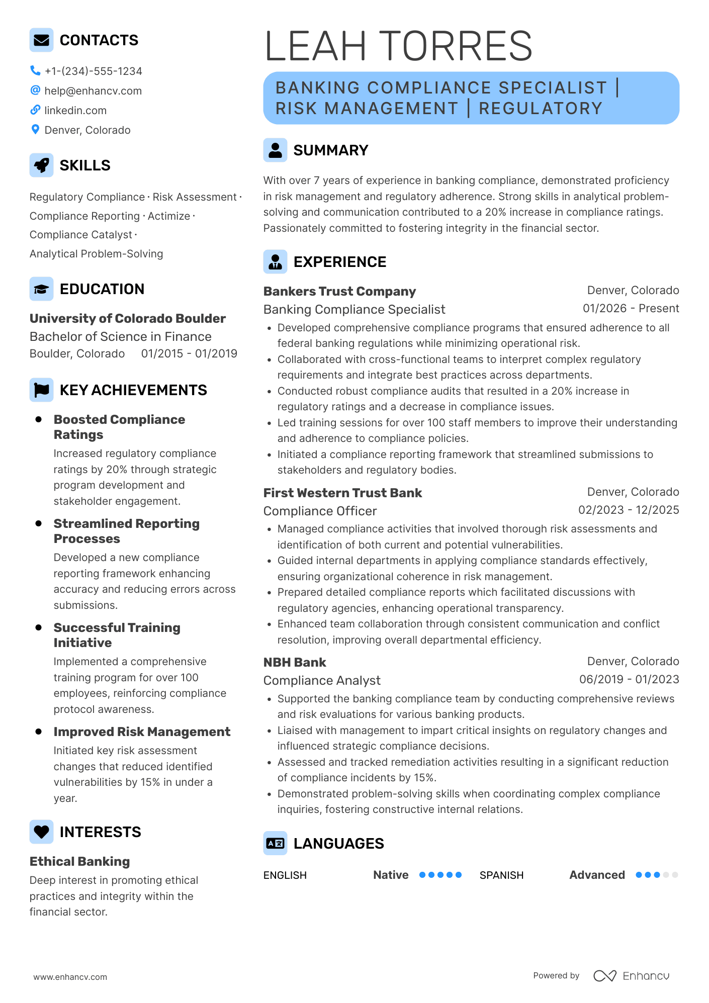 A resume example of a Banking Compliance Officer