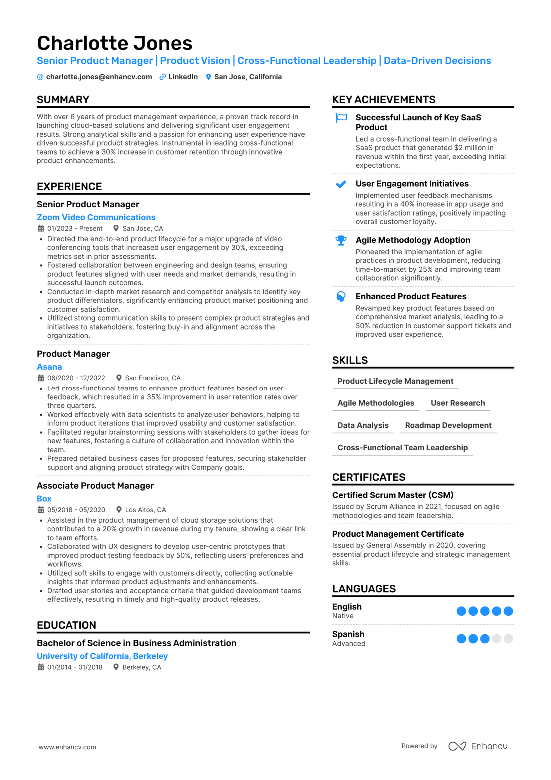 A resume example of a Senior Product Manager / Lead PM (L5–L6)