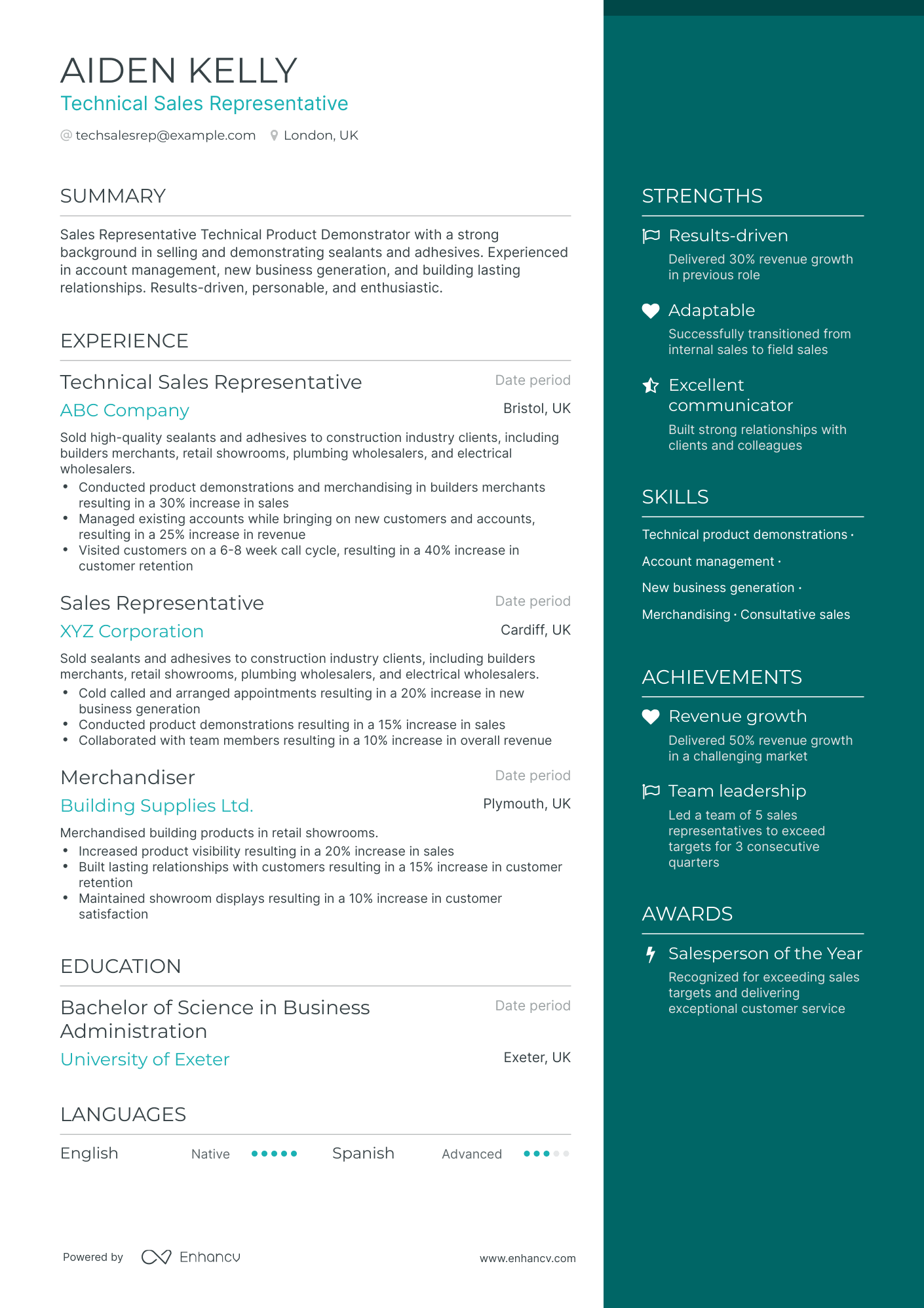 One Page Technical Sales Representative Resume Template