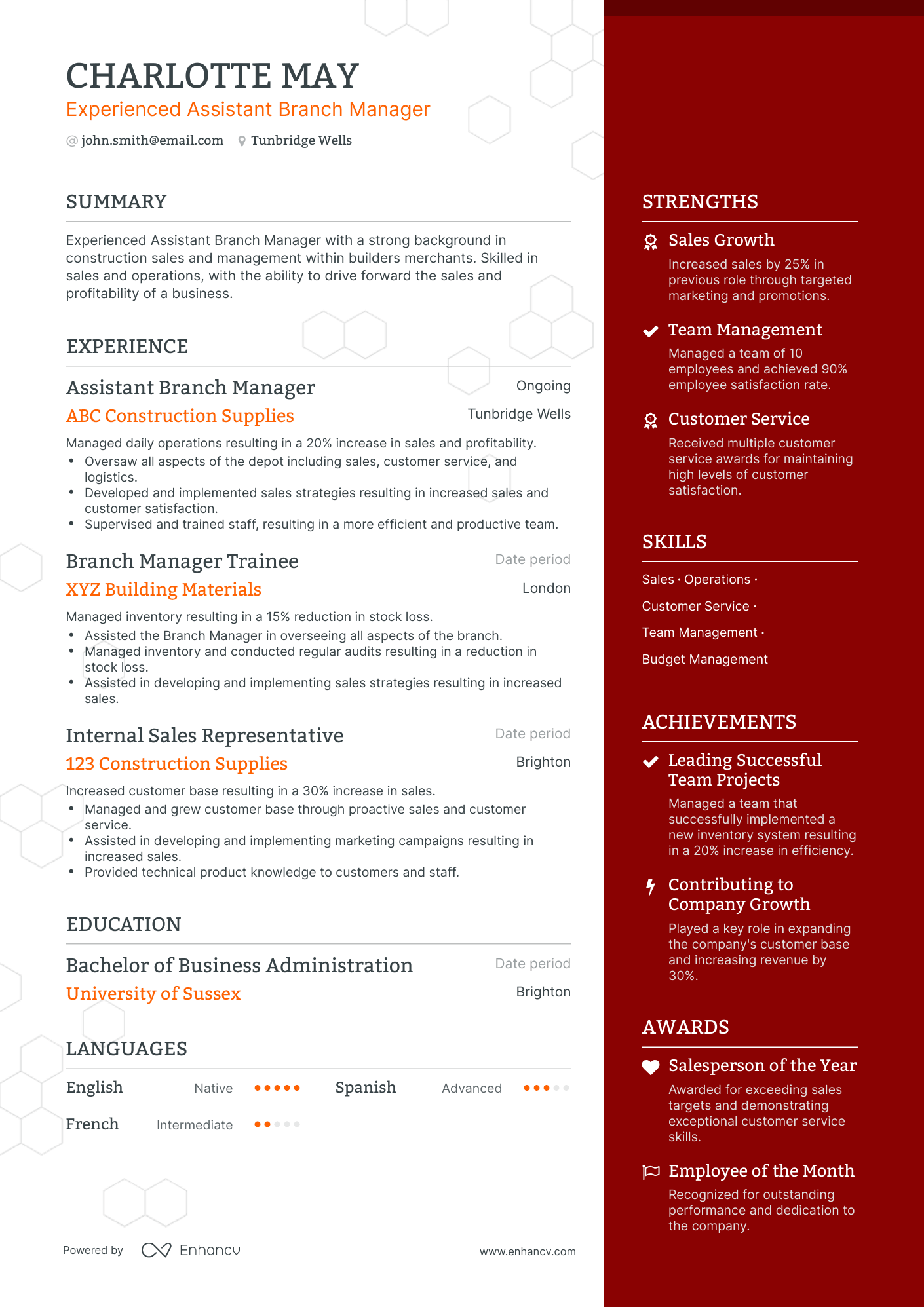 One Page Assistant Branch Manager Resume Template