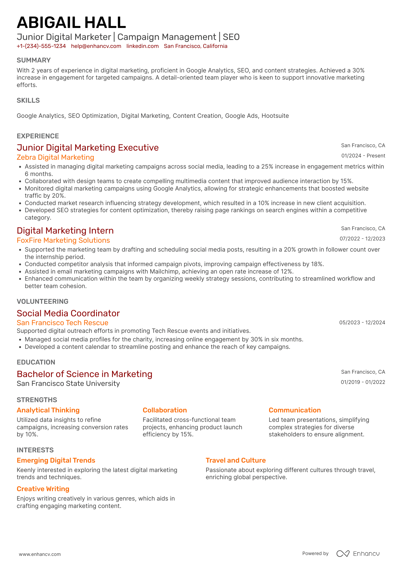 A resume example of a Junior Digital Marketing Executive