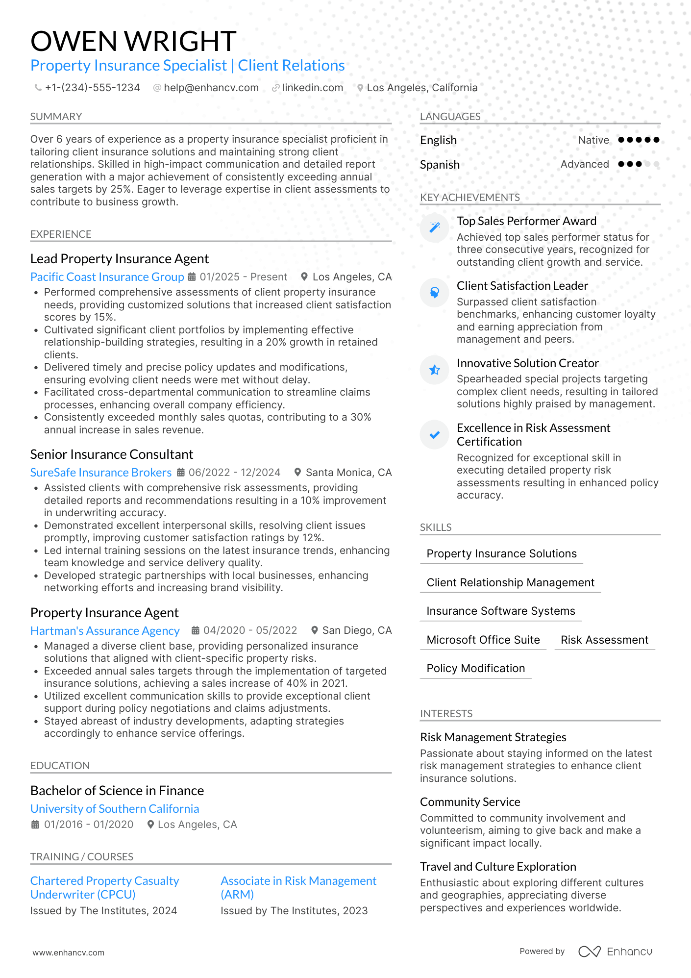 A resume example of a Property Insurance Agent