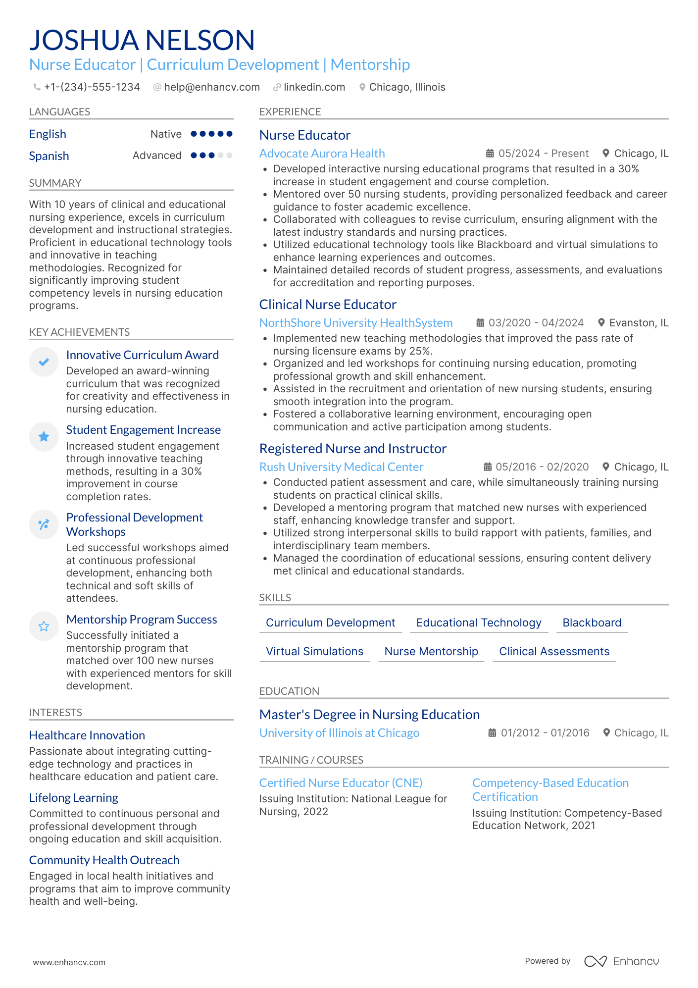 A resume example of a Nurse Educator Instructor