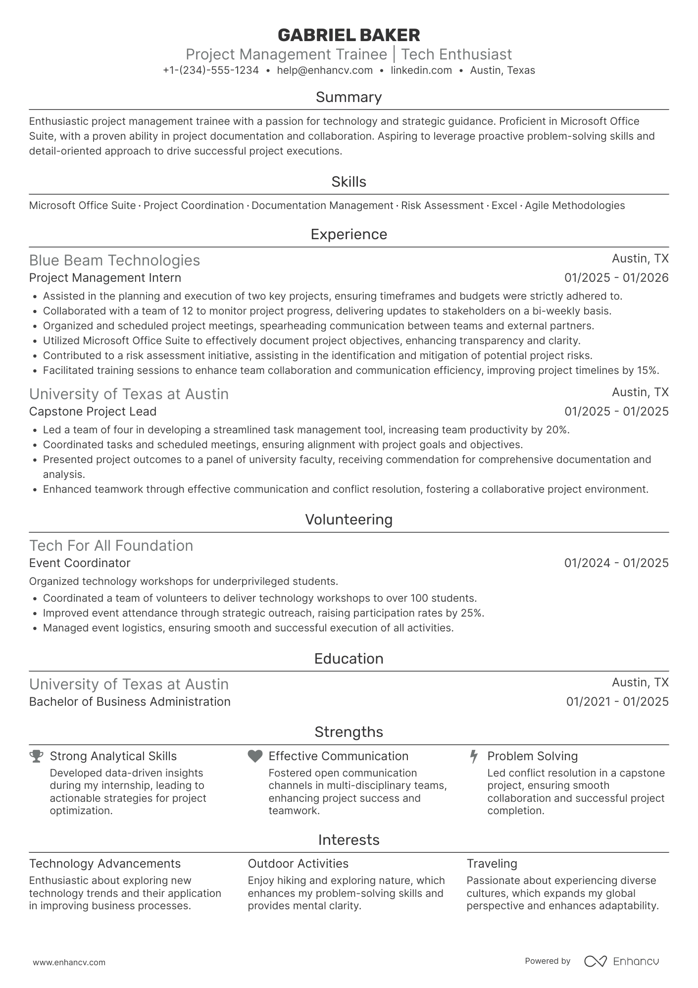 A resume example of a Project Manager Trainee