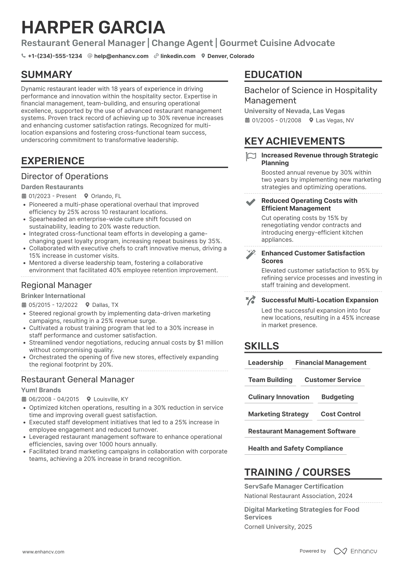 A resume example of a Restaurant General Manager