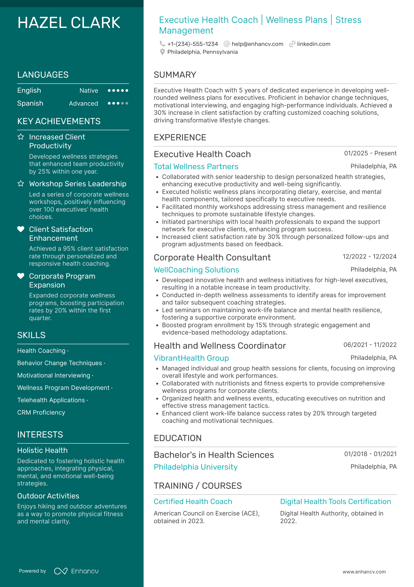 A resume example of a Executive Health Coach