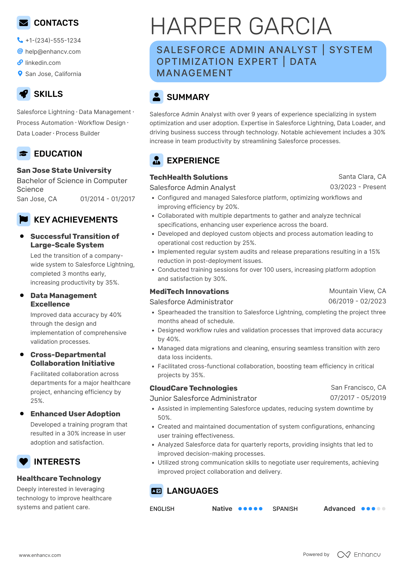 A resume example of a Salesforce Admin Analyst