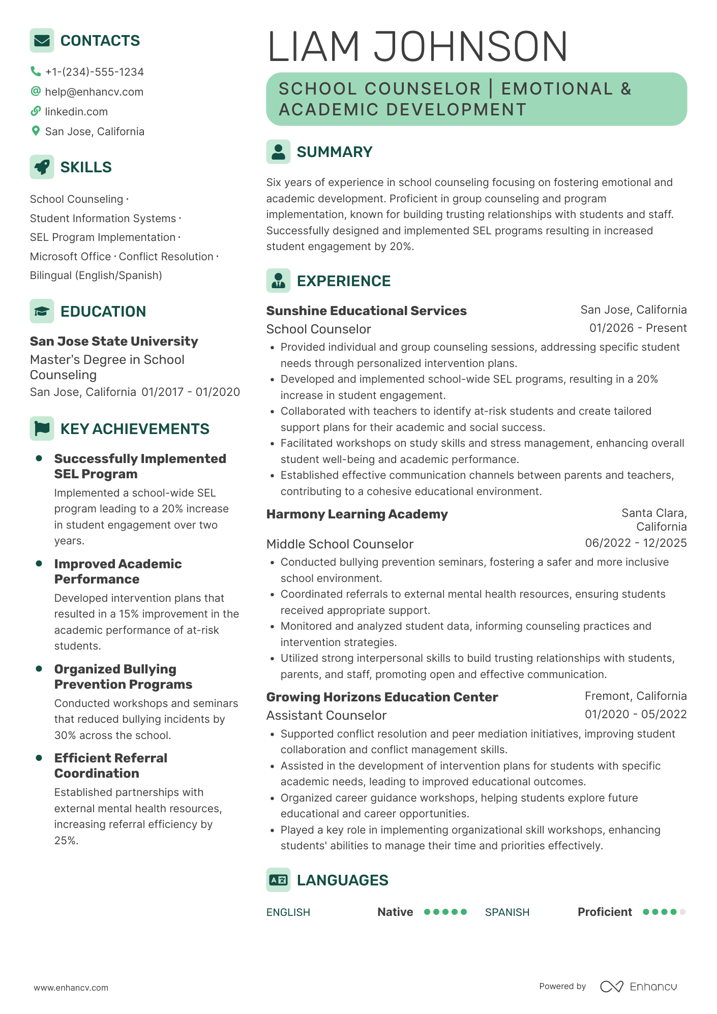 A resume example of a Middle School Counselor