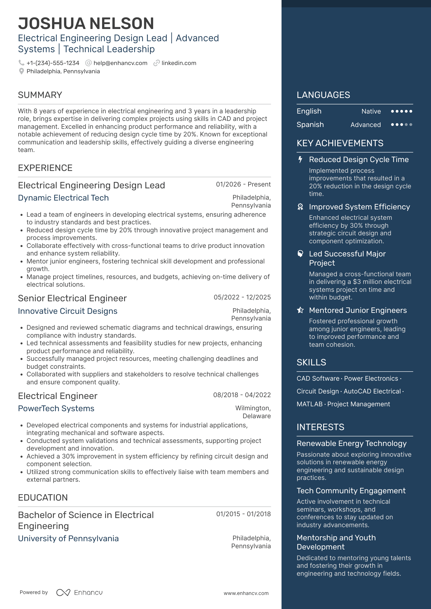 A resume example of a Electrical Engineering Design Lead
