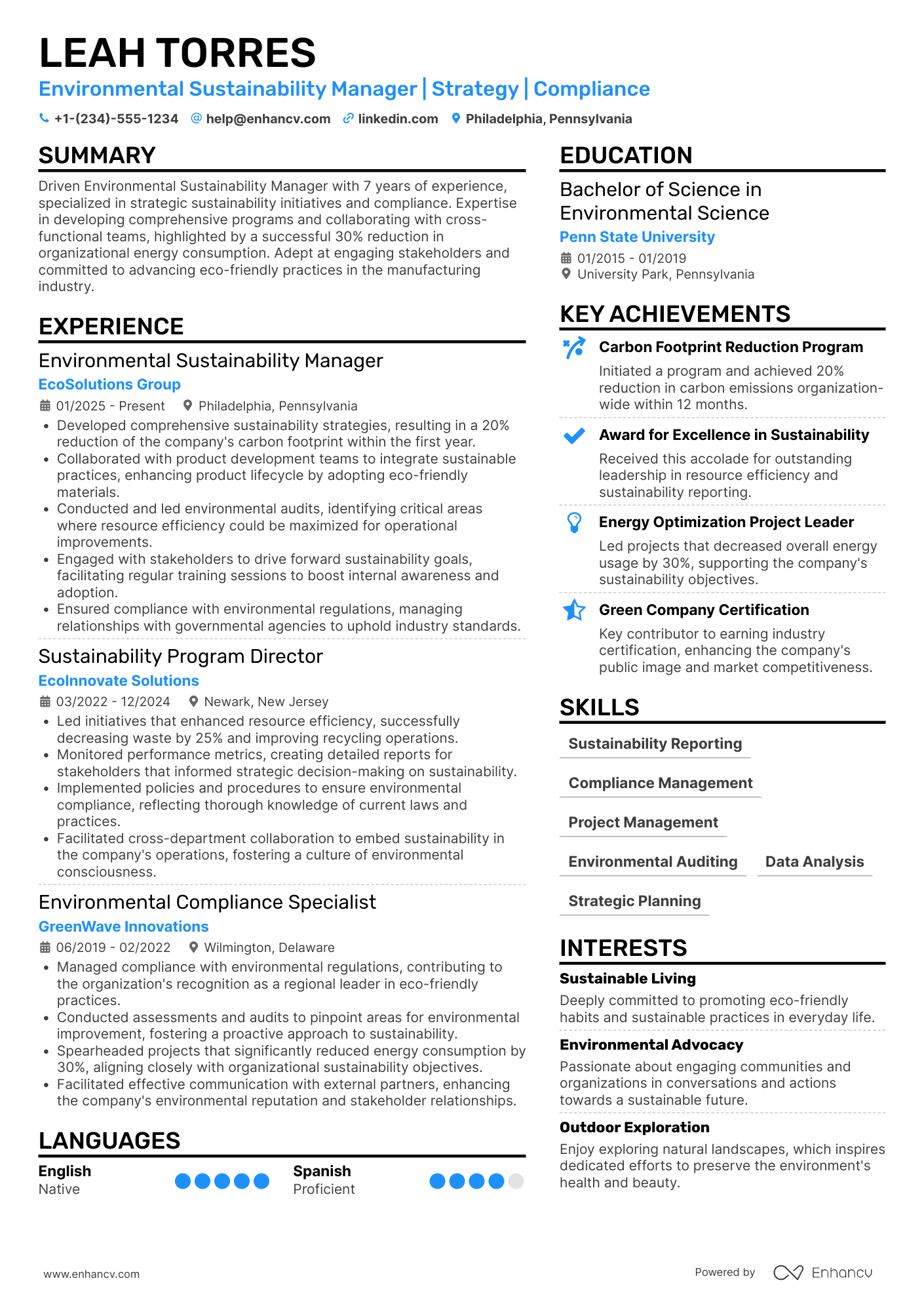 A resume example of a Environmental Sustainability Manager