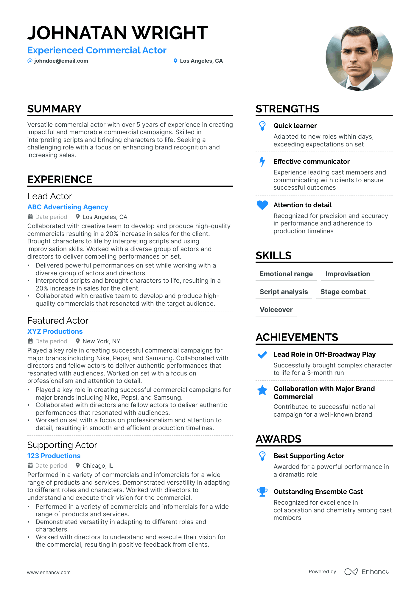 A resume example of a Commercial Actor