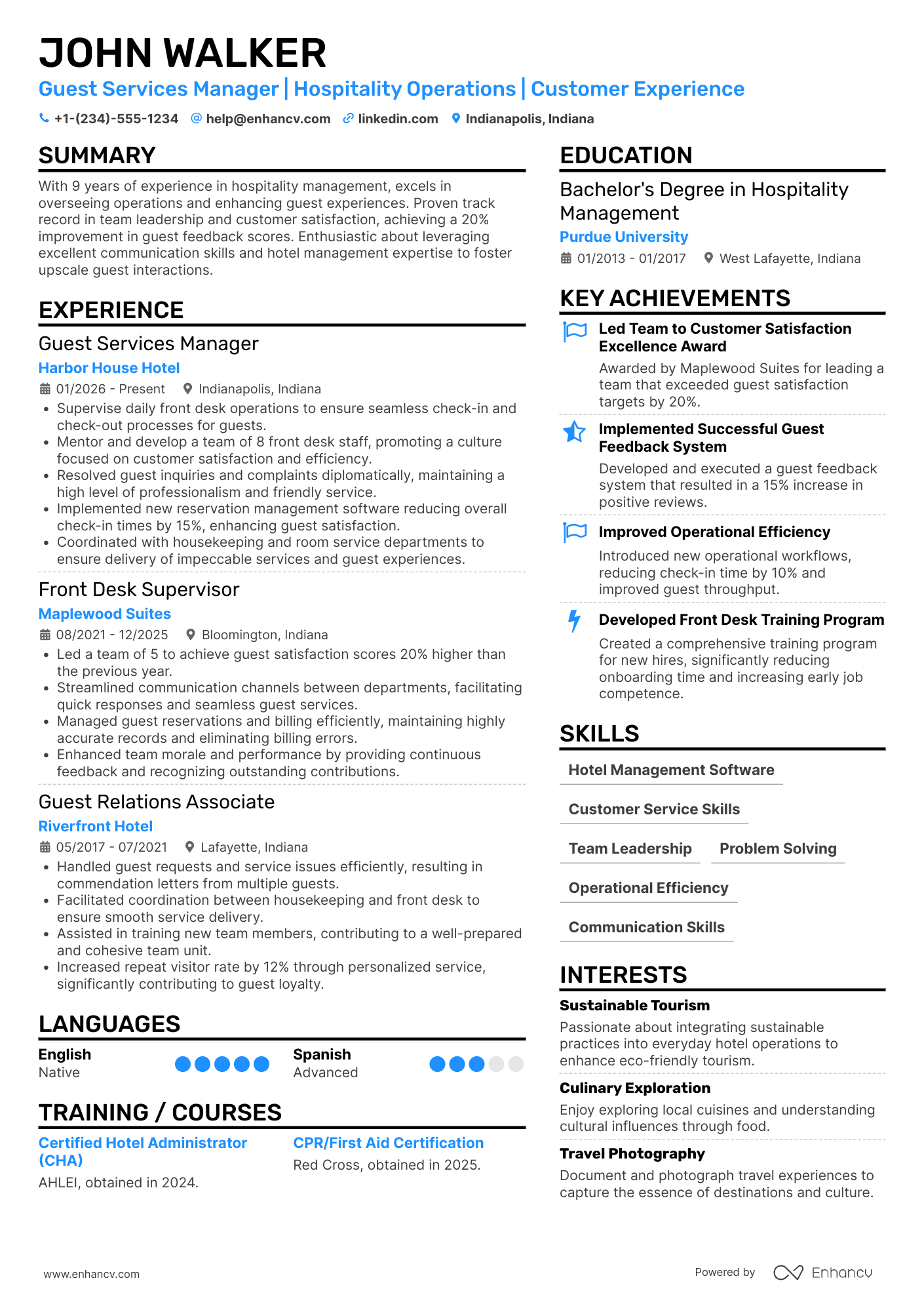 A resume example of a Hospitality