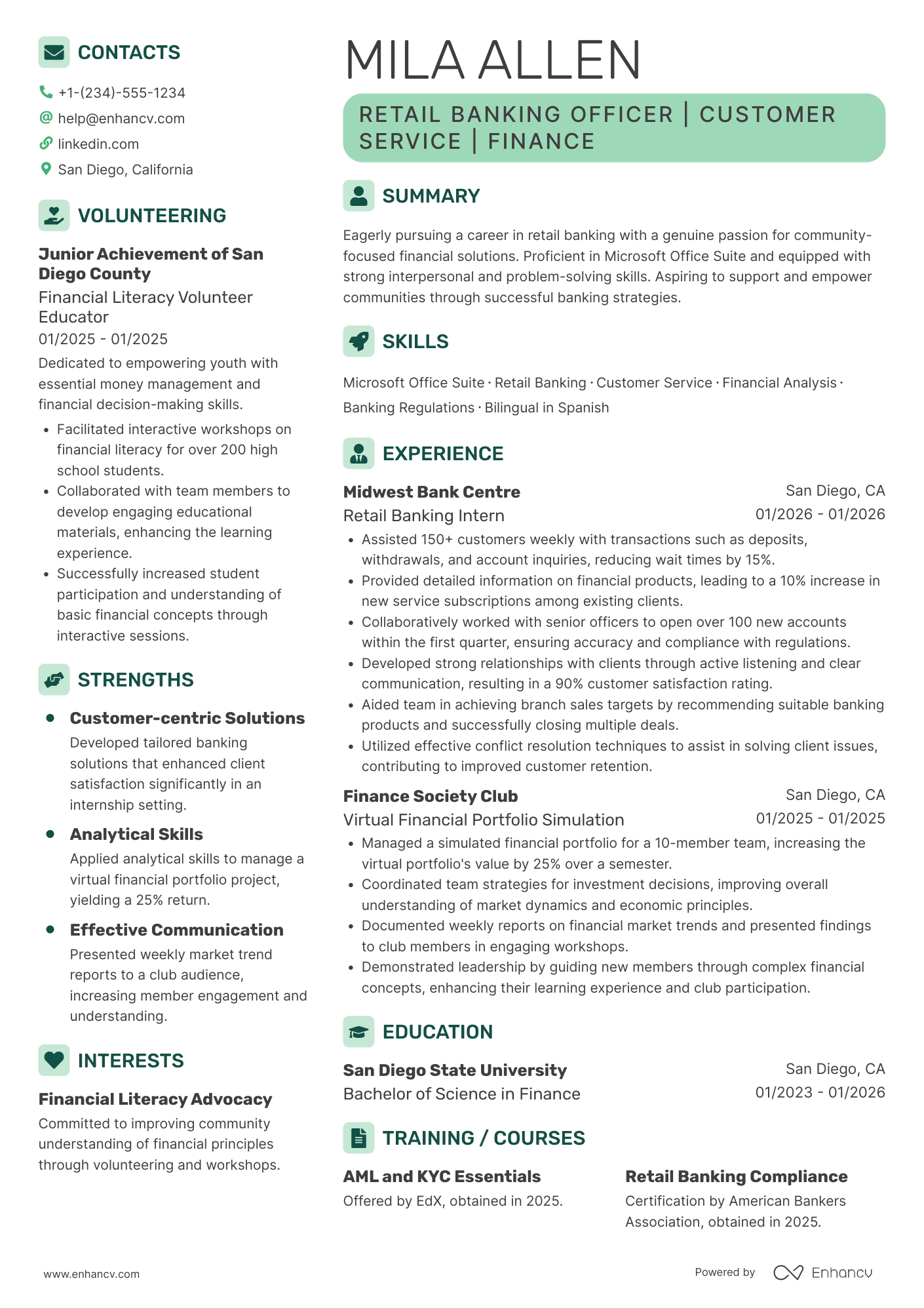 A resume example of a Entry Level Retail Banking Officer