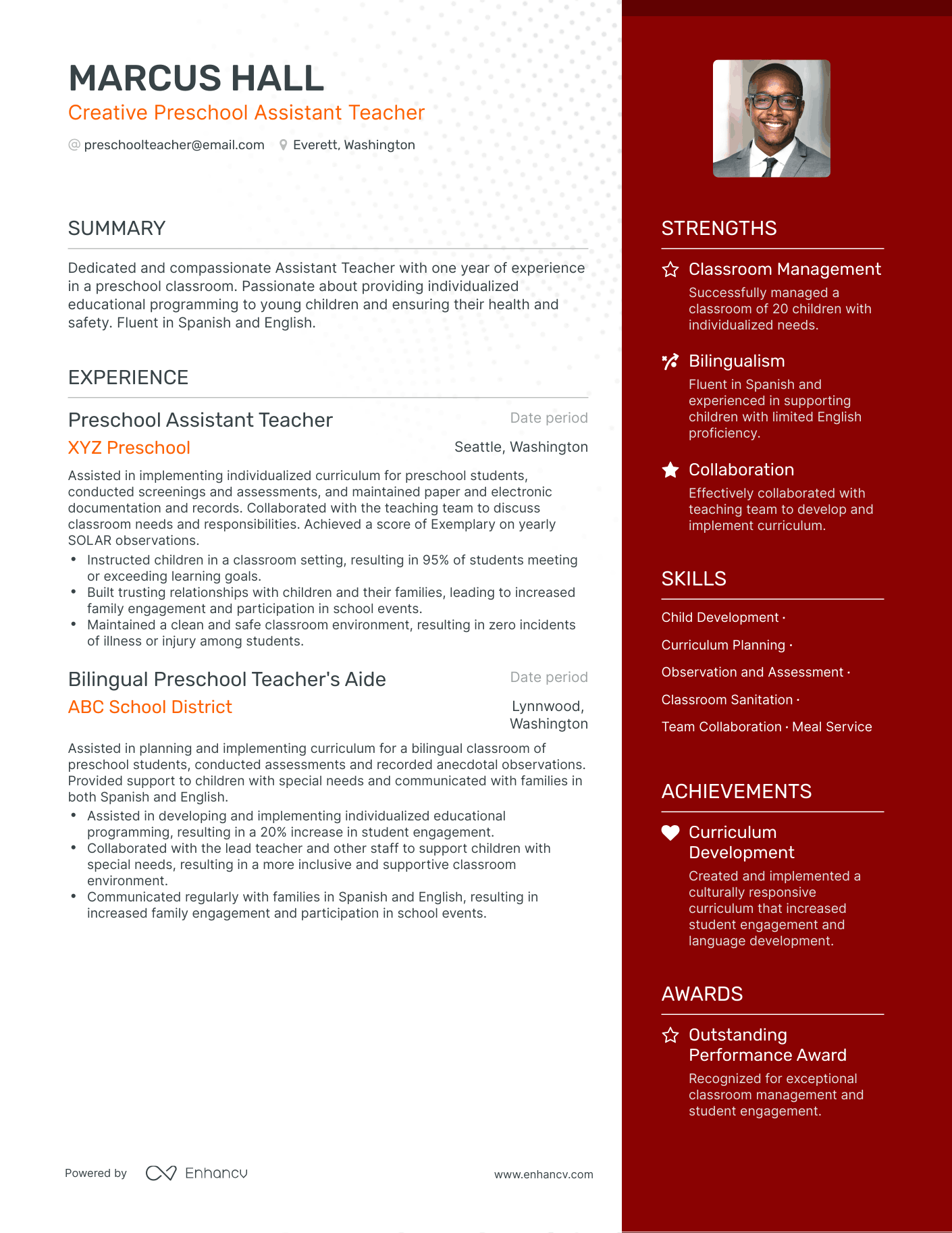 One Page Preschool Assistant Teacher Resume Template