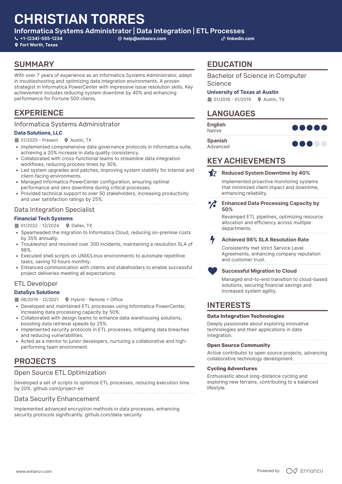 A resume example of a Informatica Systems Administrator