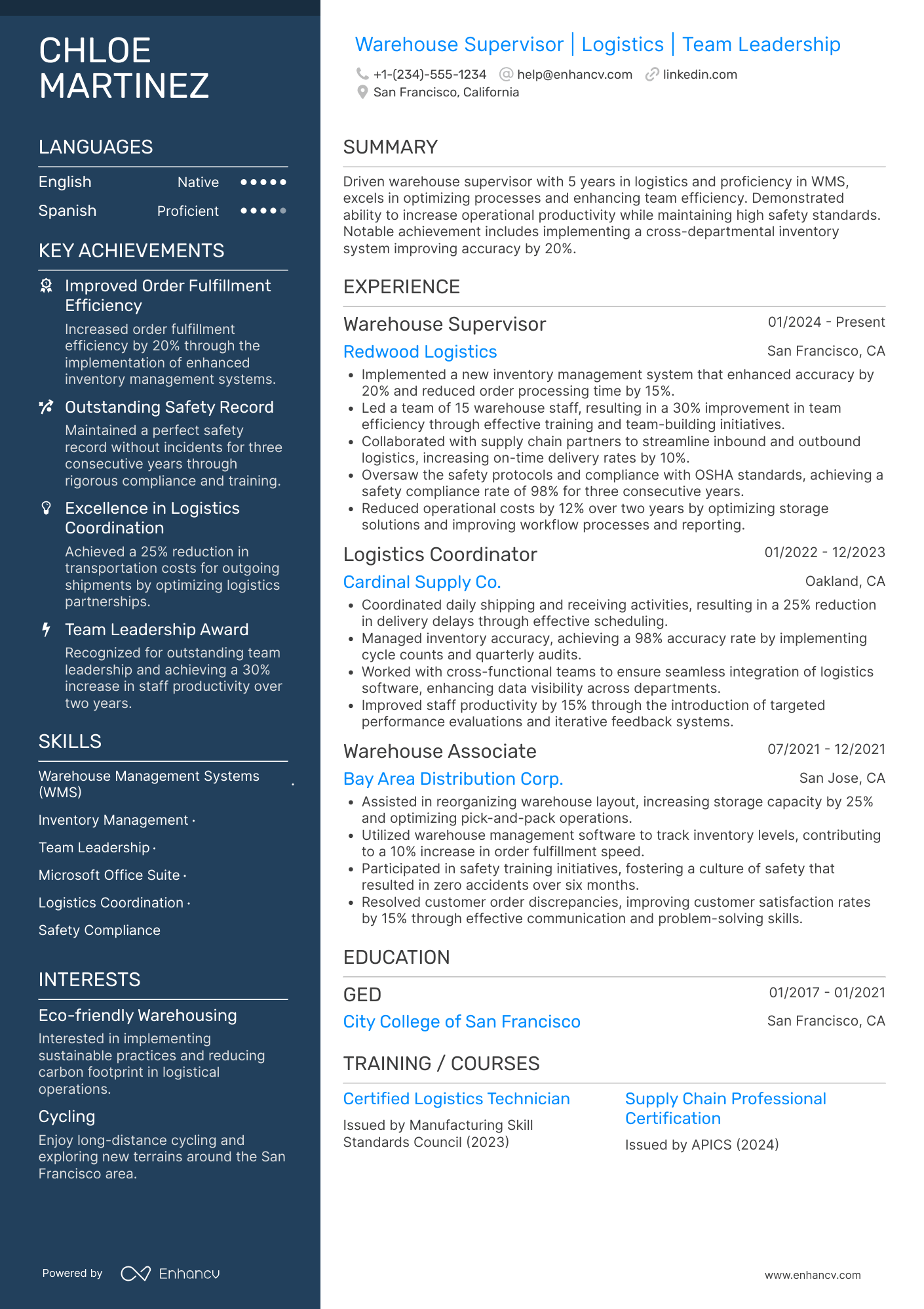 A resume example of a Warehouse Manager