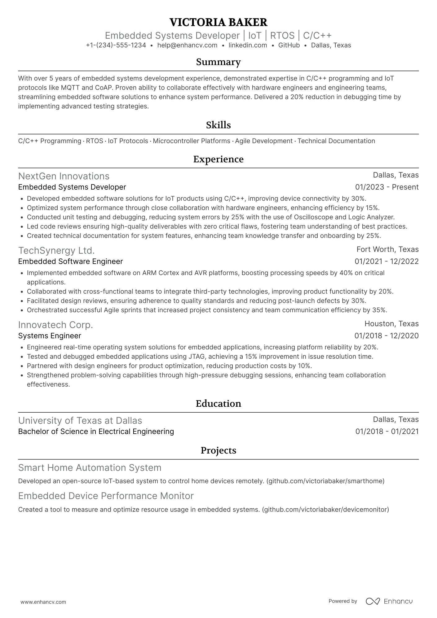 A resume example of a Embedded Systems Developer
