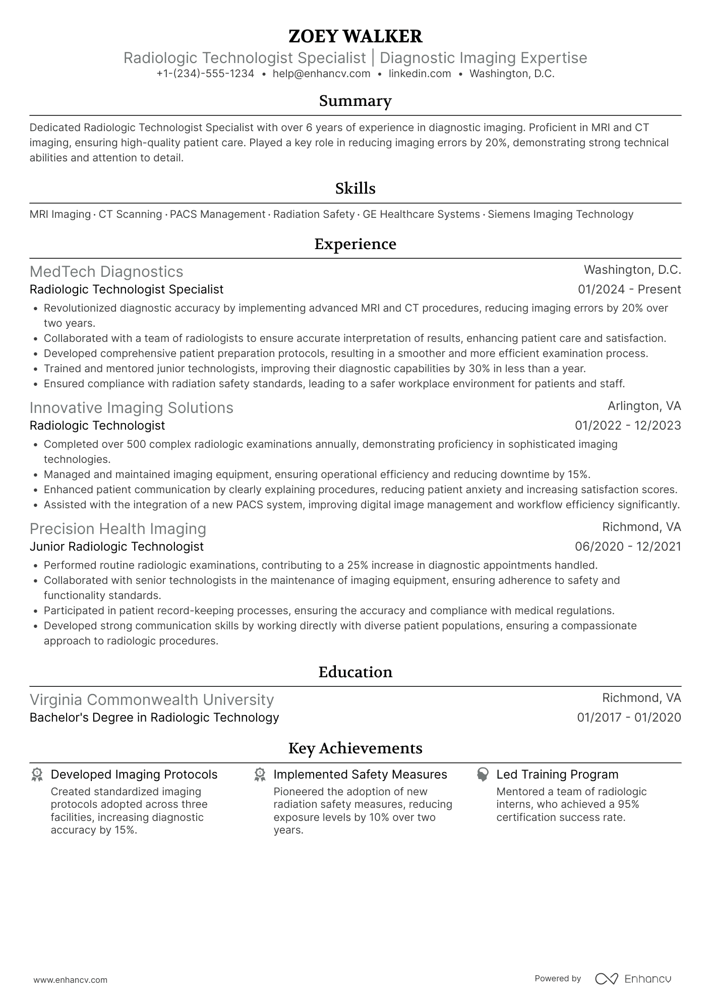 A resume example of a Radiologic Technologist Specialist