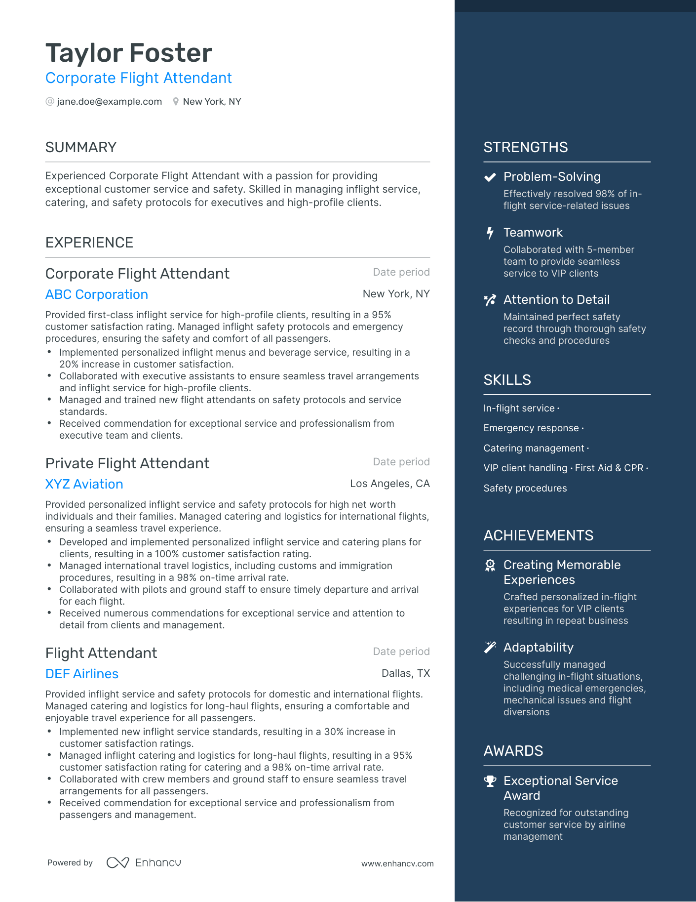 One Page Corporate Flight Attendant Resume Template