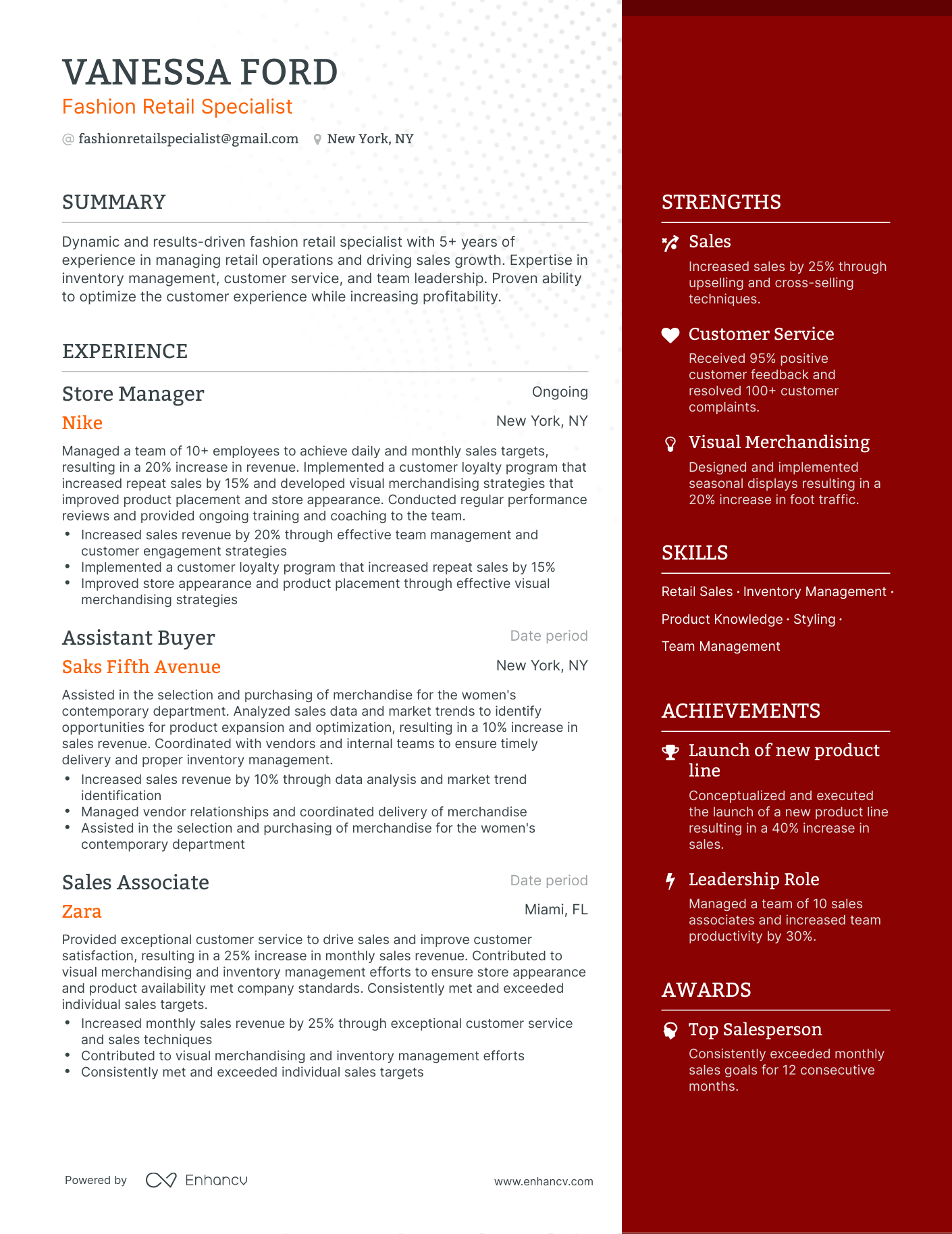 One Page Fashion Retail Resume Template