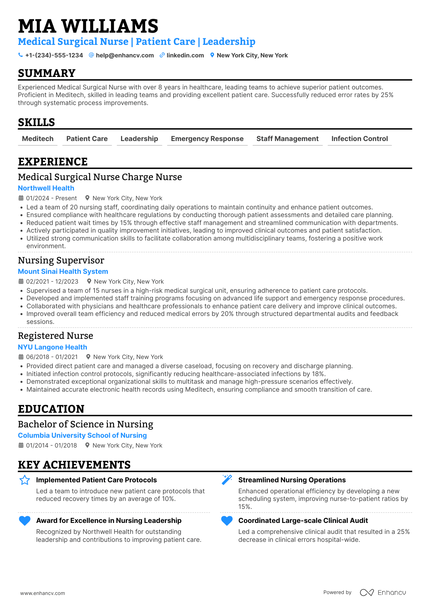 A resume example of a Medical Surgical Nurse Charge Nurse