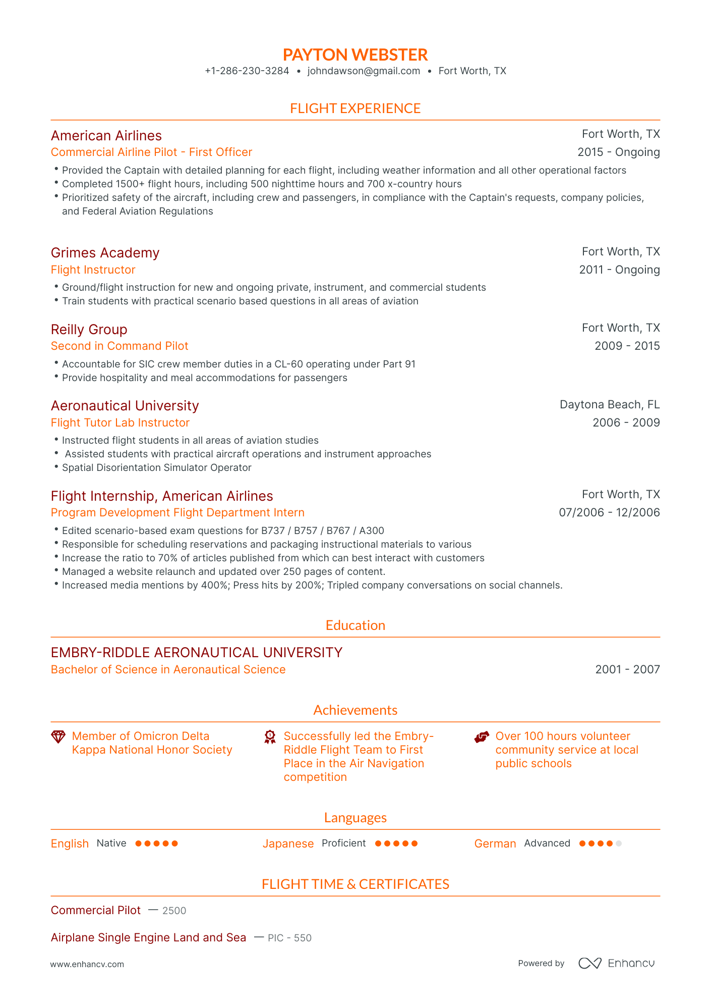 Traditional Pilot Resume Template