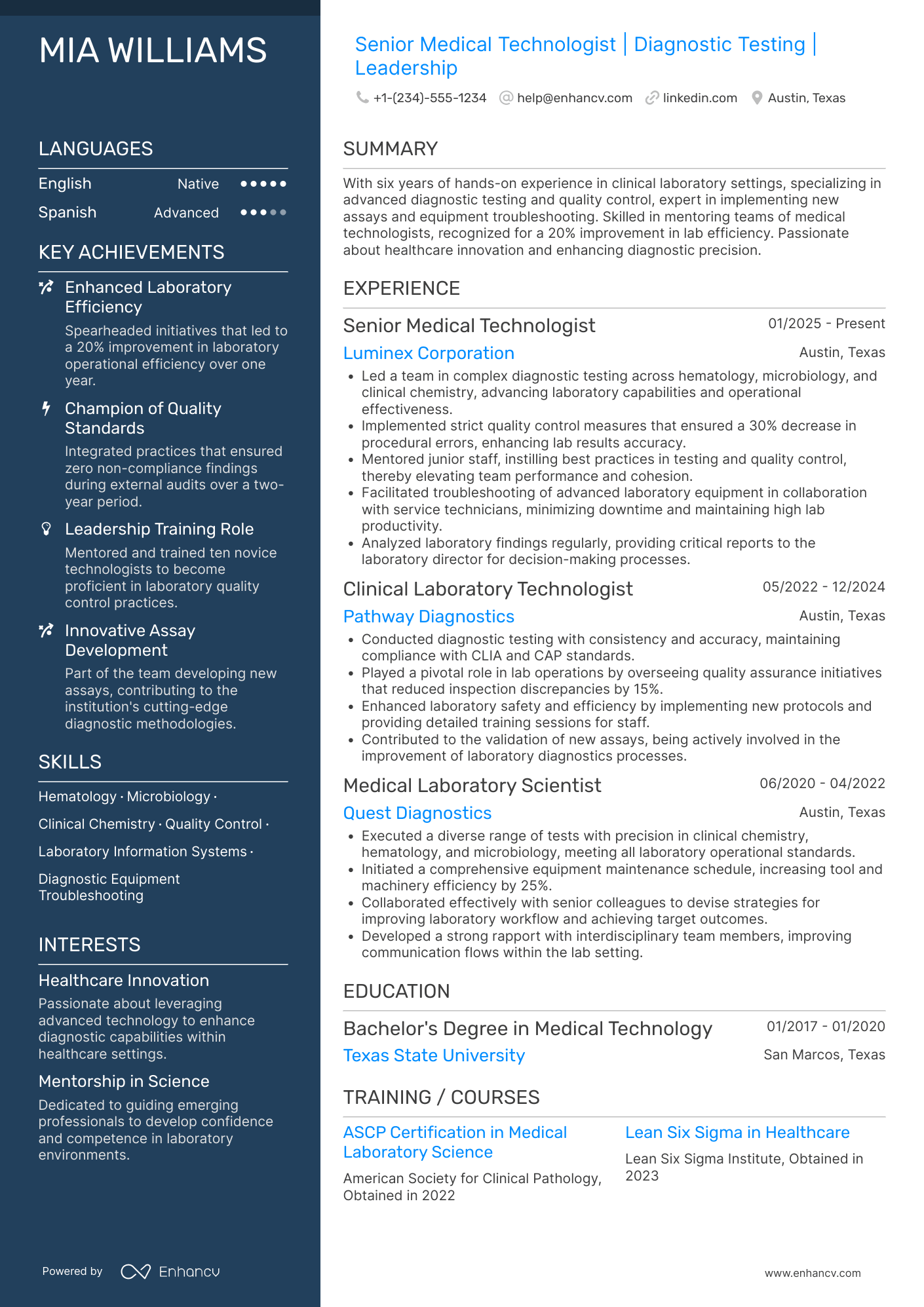 A resume example of a Senior Medical Technologist